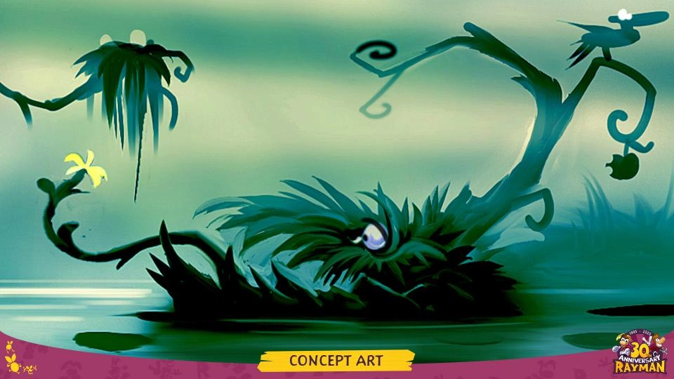 Concept art of a mystical, lush swamp environment with whimsical plants and a serene atmosphere