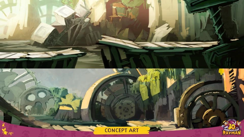 Concept art showcasing vibrant, imaginative landscapes from Rayman games, celebrating 30 years of adventures
