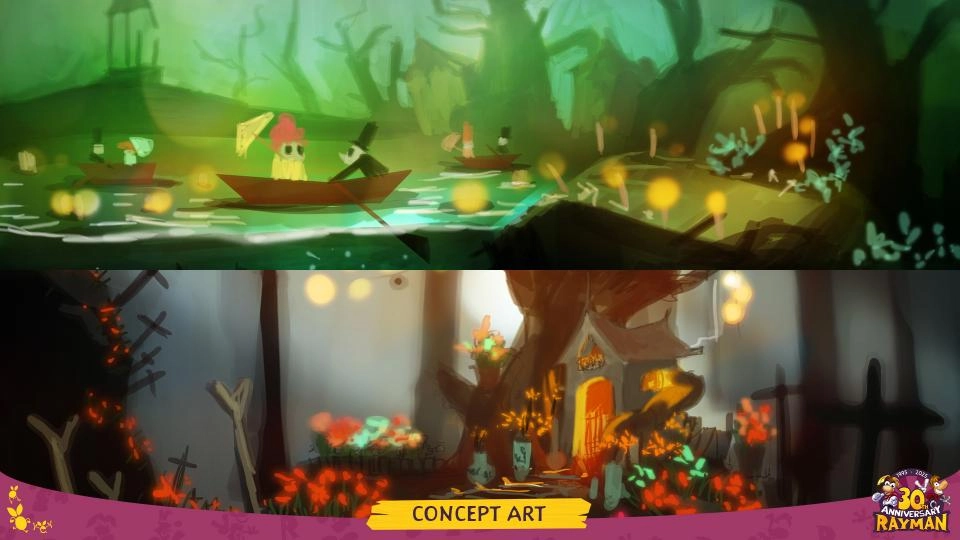 Whimsical Rayman concept art featuring vibrant, mystical landscapes with boats and a magical treehouse