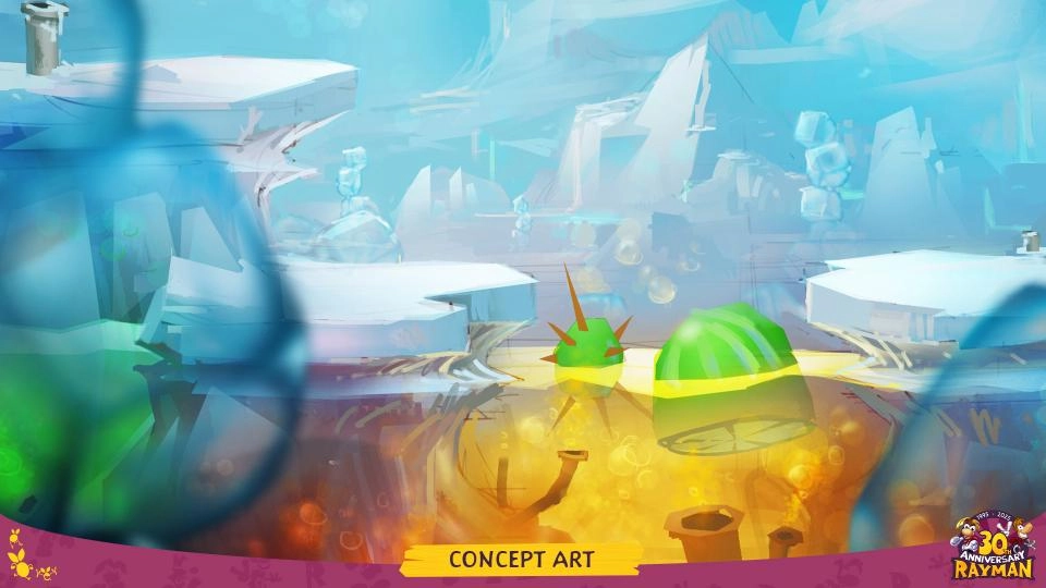 Colorful icy landscape from Rayman concept art, featuring floating ice platforms and vibrant water reflections