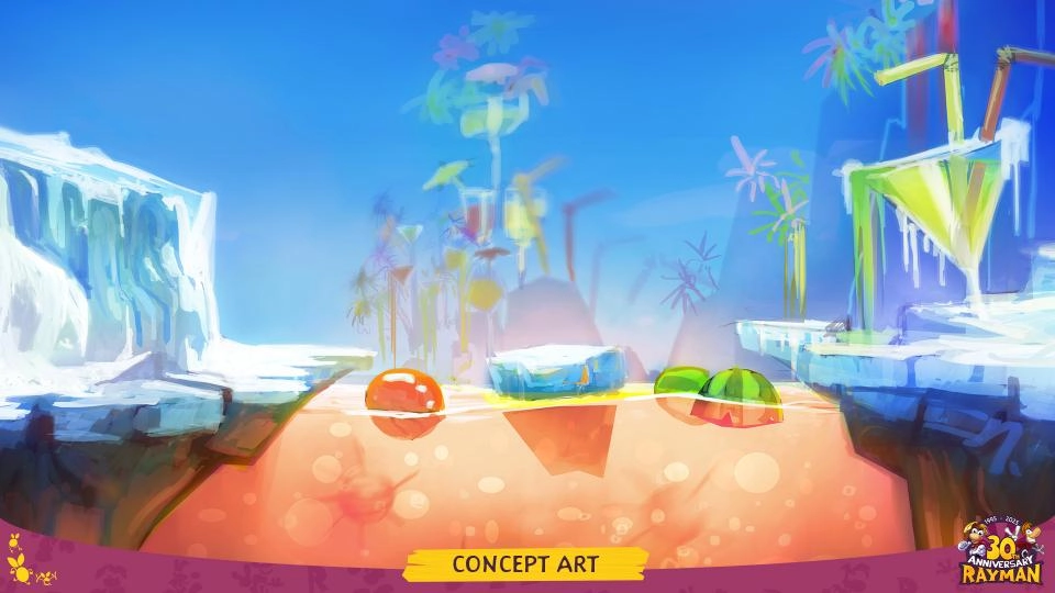 Colorful Rayman concept art featuring a vibrant landscape with icy cliffs and floating platforms