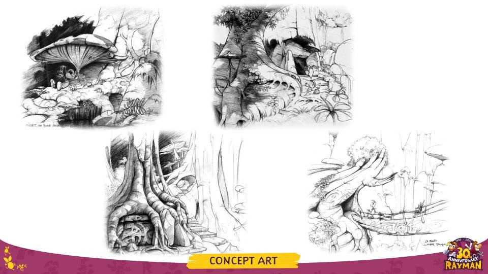 Four black and white Rayman concept art sketches showcasing imaginative landscapes and environments