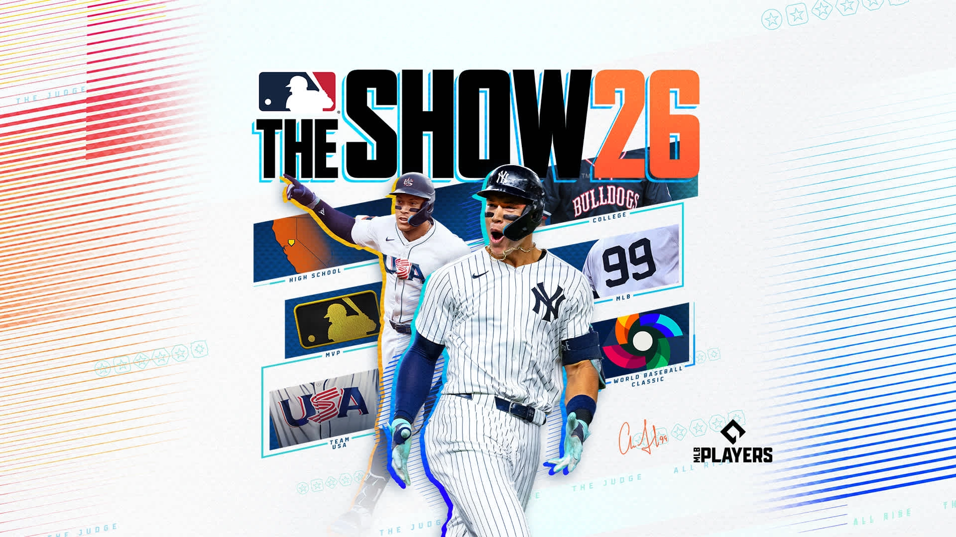 Aaron Judge in Yankees uniform on MLB The Show 26 cover, featuring dynamic graphics and game logos