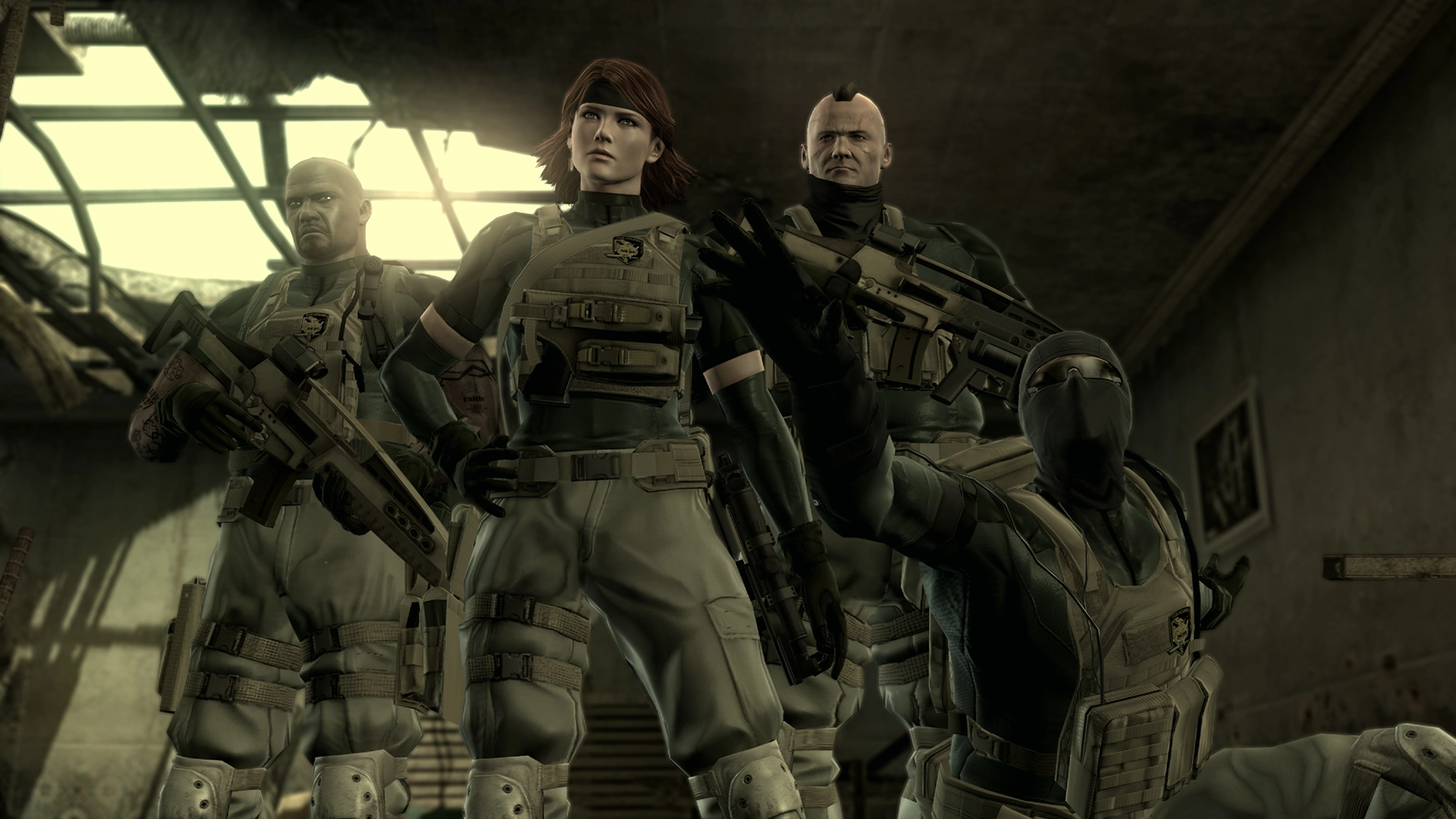 Four armed soldiers in tactical gear stand in a dimly lit room, appearing ready for action in Metal Gear Solid 4