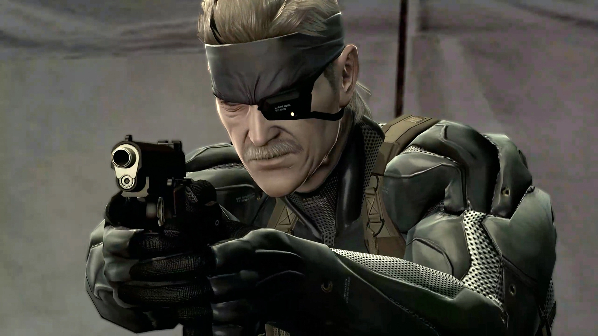 Solid Snake aiming a gun, wearing tactical gear and an eyepatch, from Metal Gear Solid 4: Guns of the Patriots