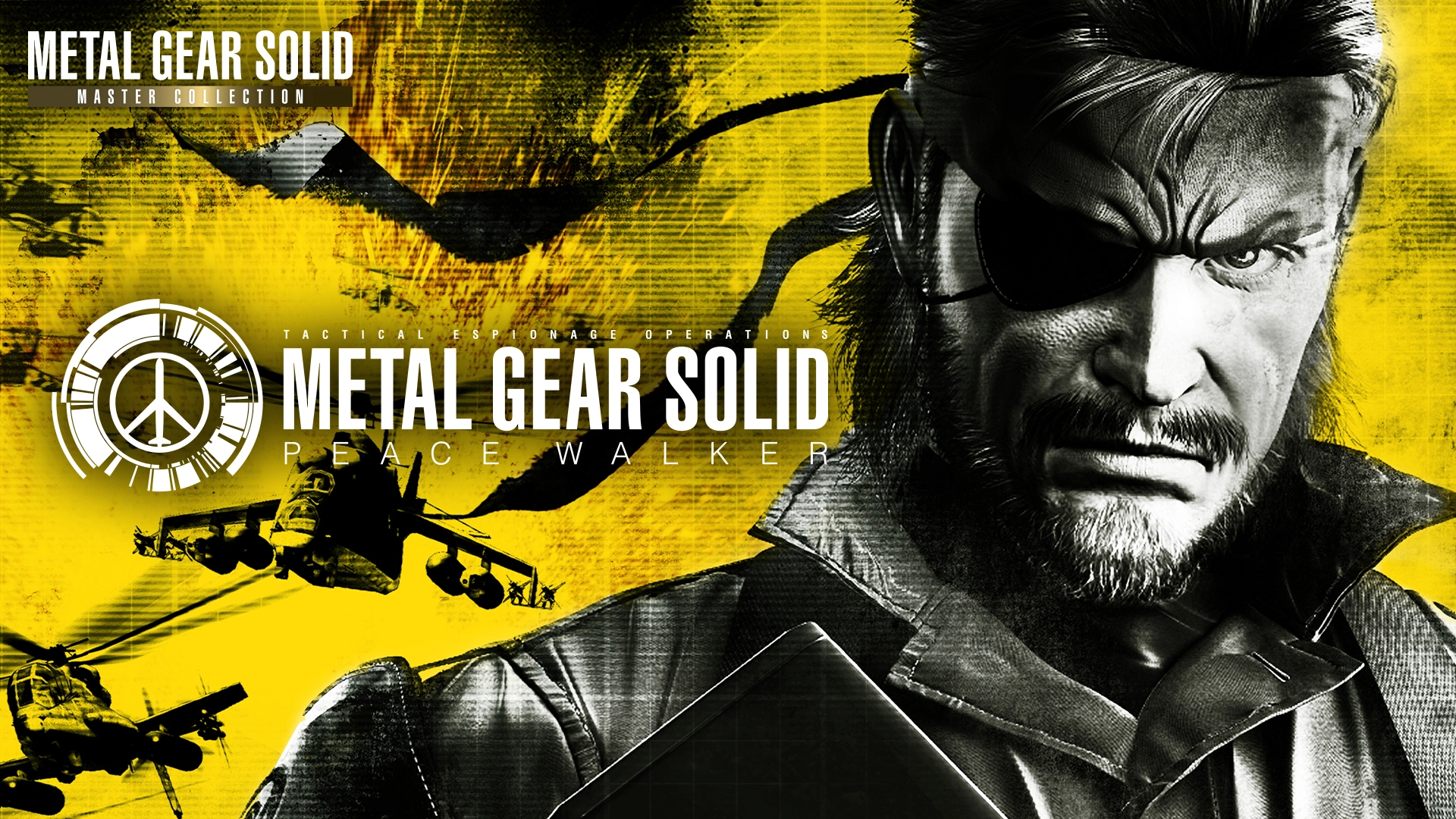 Solid Snake with an eyepatch in Metal Gear Solid: Peace Walker, helicopters in the background, yellow theme