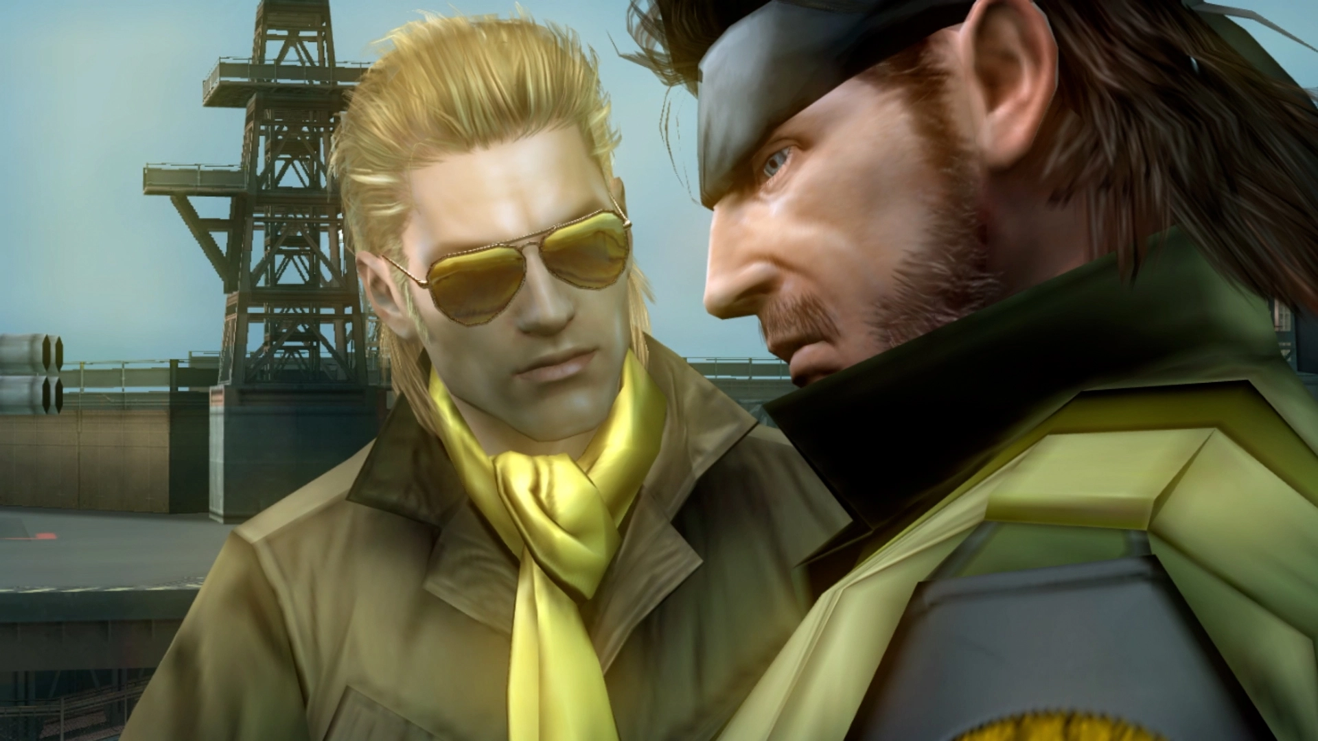 Two characters from Metal Gear Solid engage in a tense conversation, set against an industrial backdrop