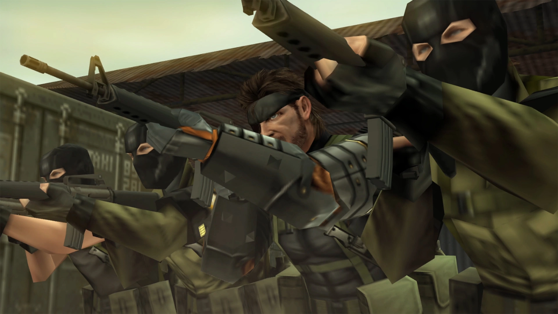 Characters in tactical gear aiming rifles, showcasing intense action from Metal Gear Solid: Master Collection Vol.2