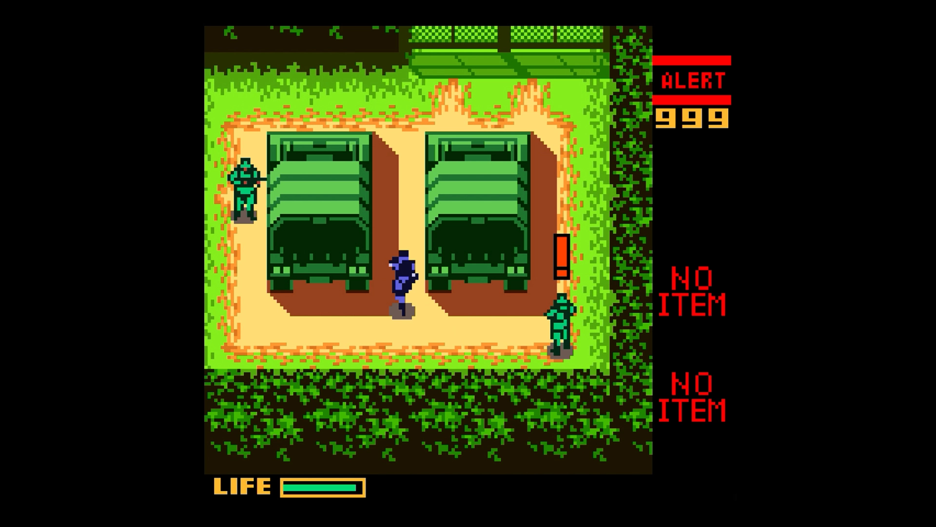 Retro-style game scene with a character sneaking past guards near two green trucks, alert level displayed