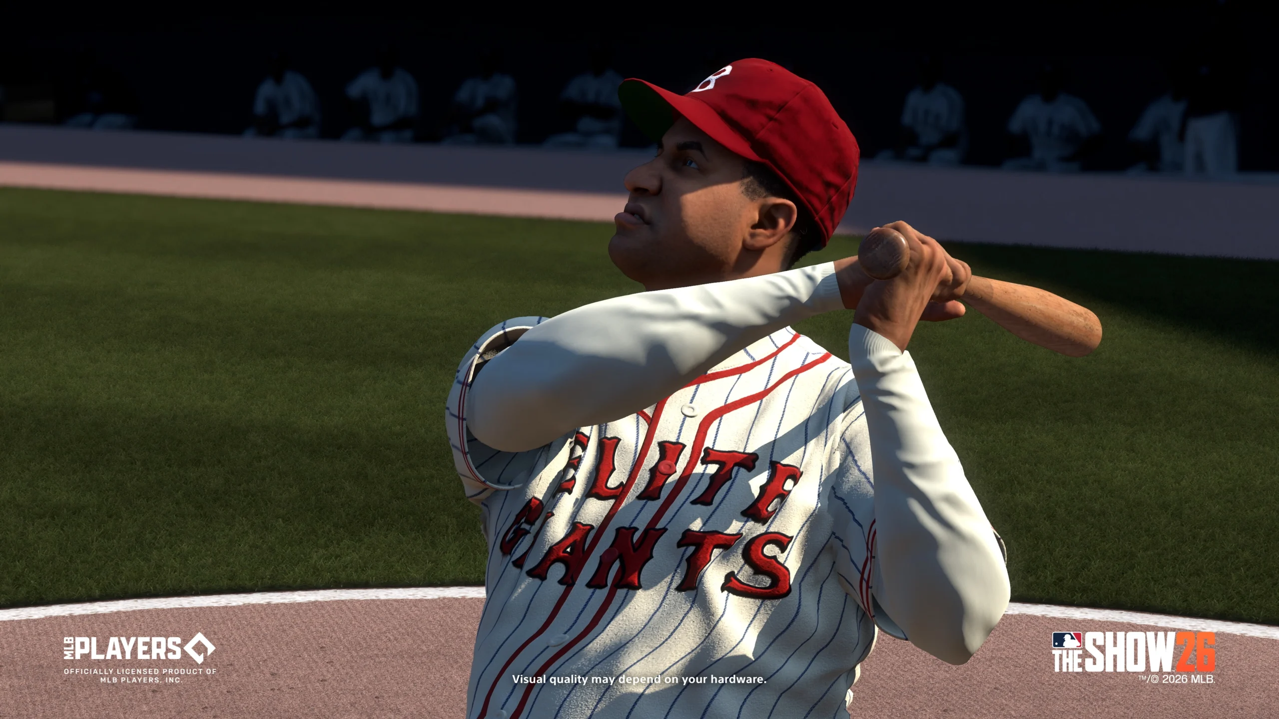A baseball player in a vintage uniform swings a bat in MLB The Show 26, showcasing new game features