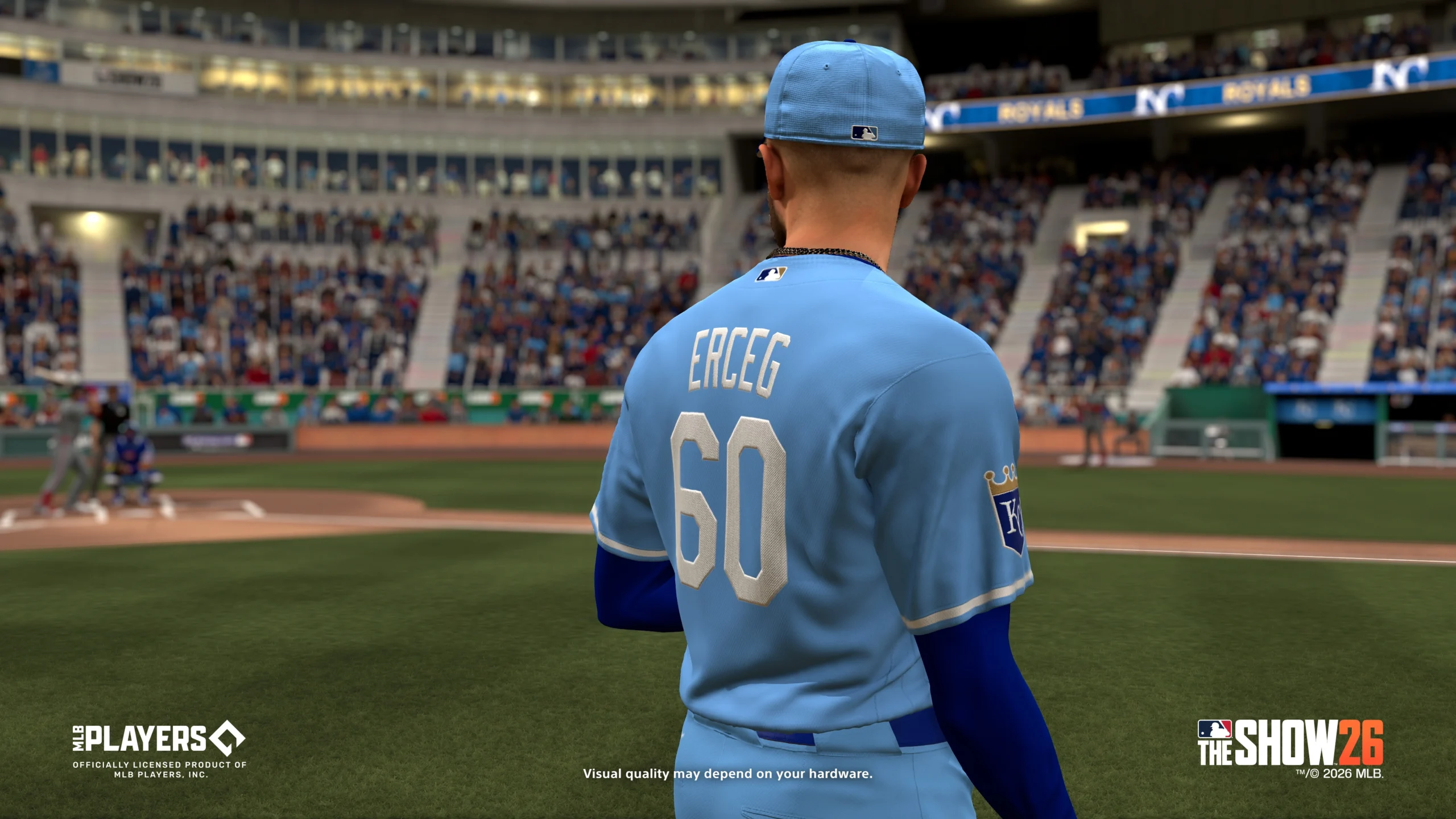 Baseball player in blue uniform with number 60, standing on the field in MLB The Show 26 game scene