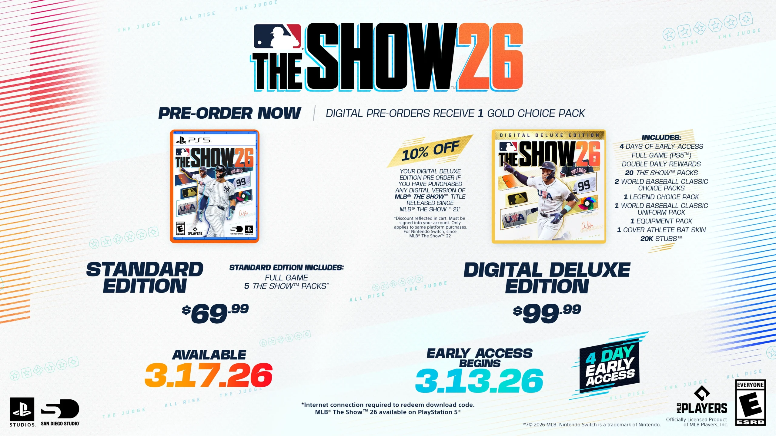 MLB The Show 26 promotional poster showcasing pre-order details, release dates, and edition options