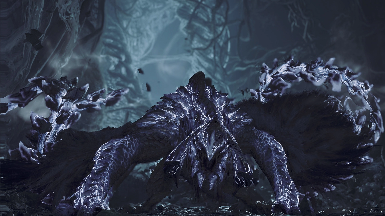 A fearsome creature with glowing patterns stands ready in a dark, mystical forest setting