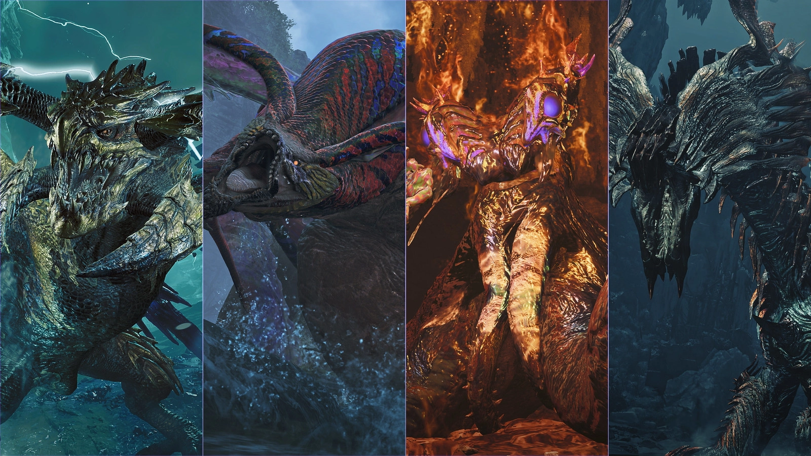 Four fierce monsters from Monster Hunter Wilds, each representing different elemental powers
