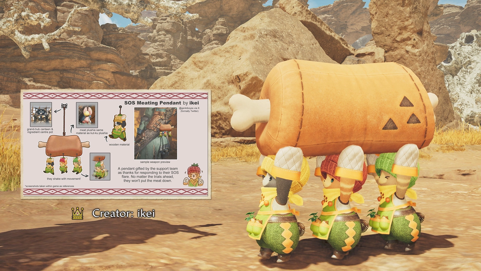 Three characters in colorful outfits carry a giant meat-shaped pendant in a rocky desert landscape