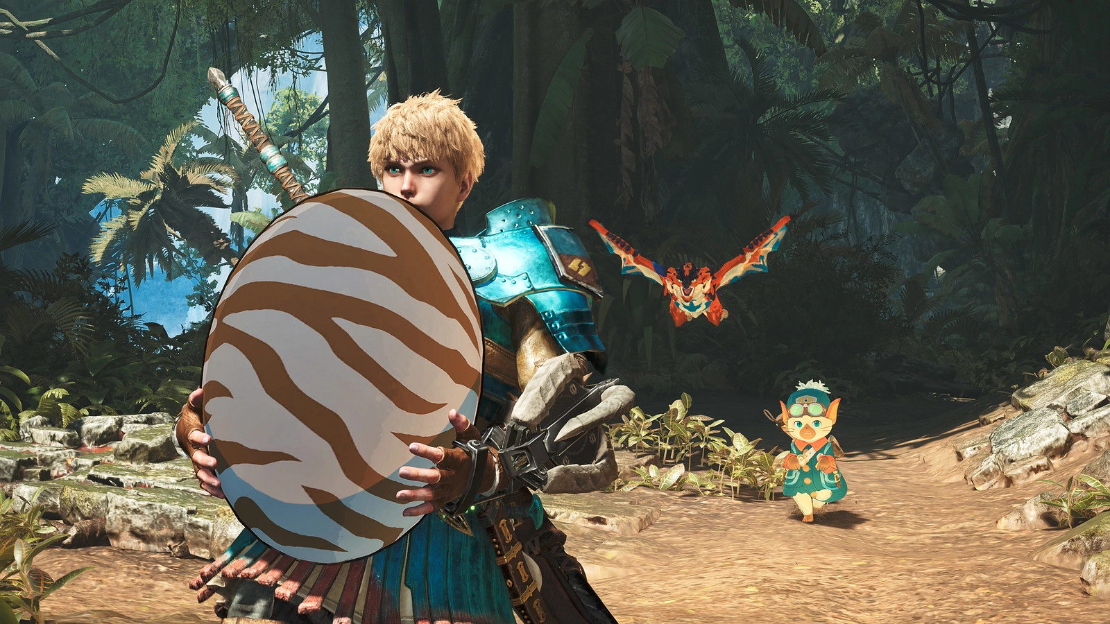 Hunter holding a large striped egg in a lush forest, with a Palico and a flying creature nearby