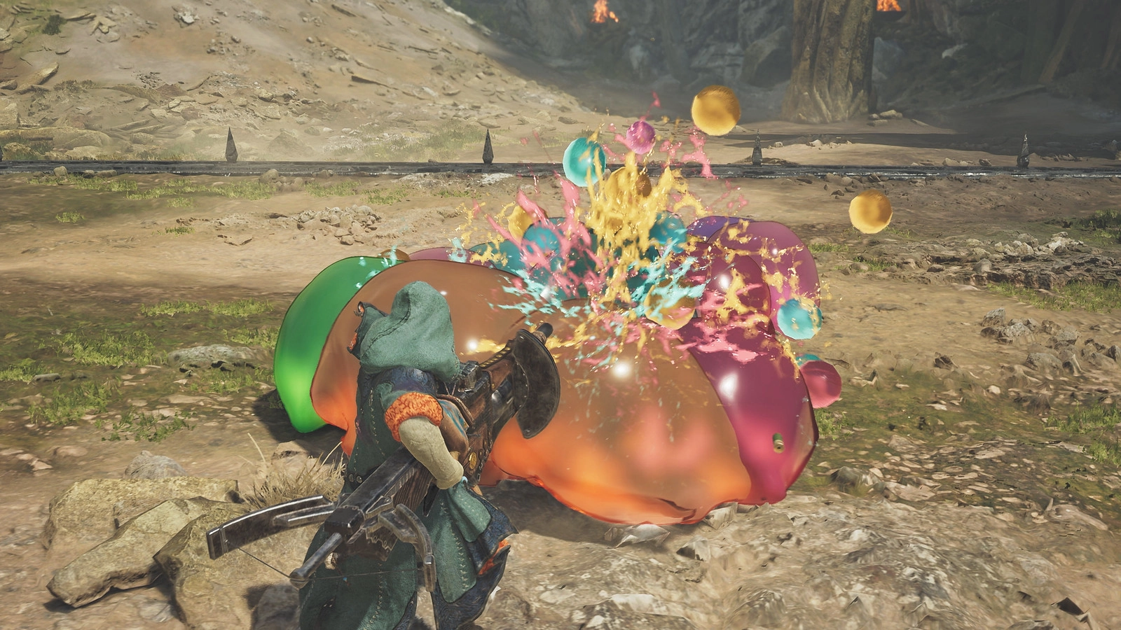 Hunter in armor striking a colorful, exploding creature in Monster Hunter Wilds' anniversary event scene