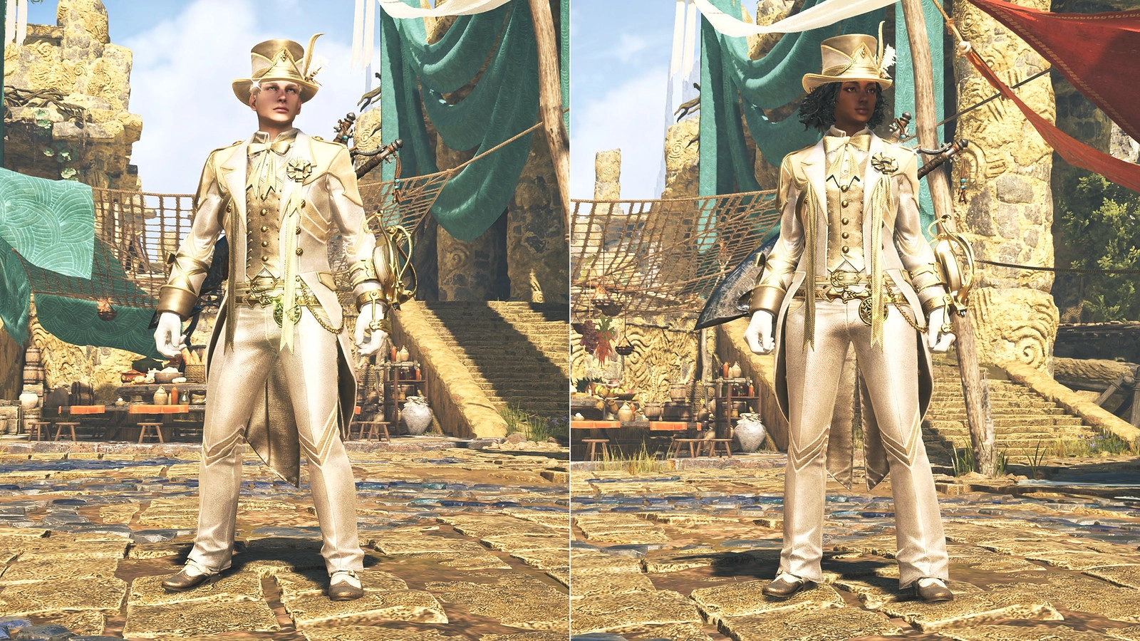 Two characters in elegant, gold-themed armor stand in a vibrant marketplace setting in Monster Hunter Wilds