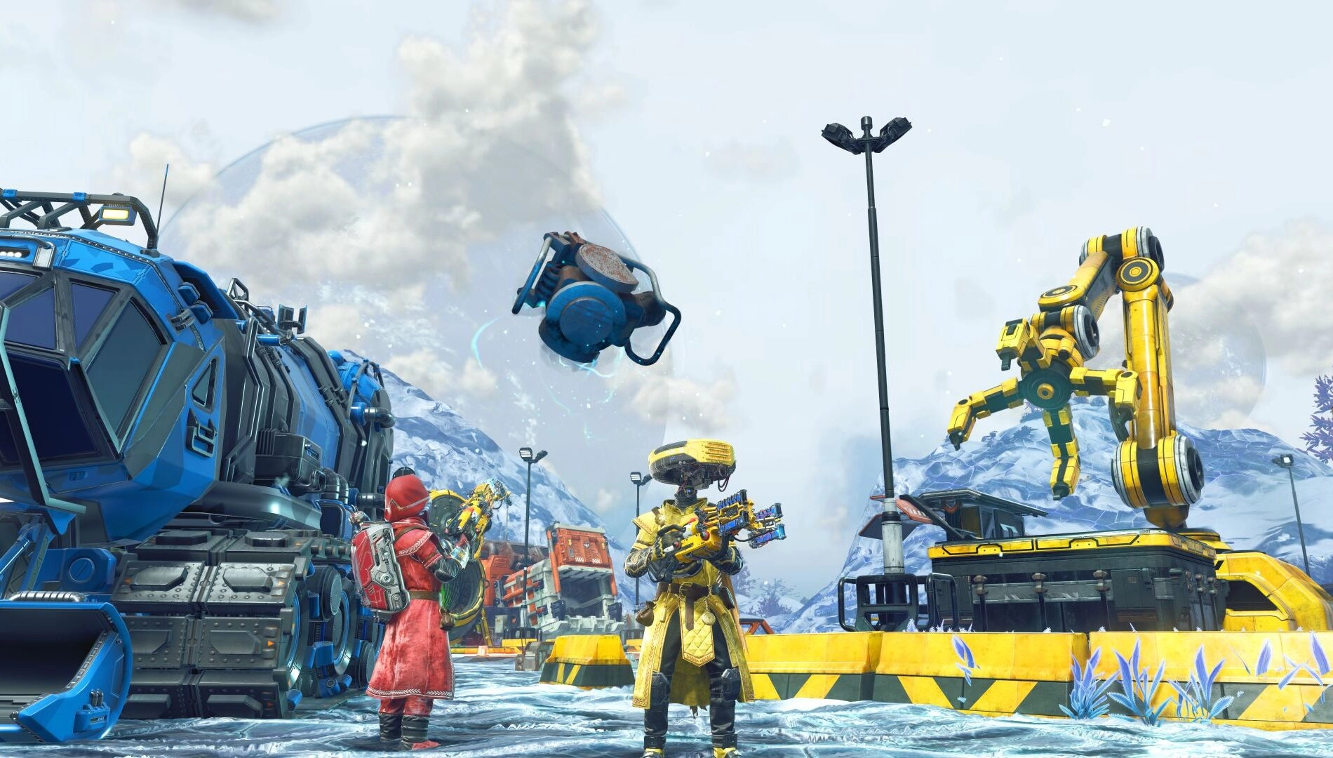 Two characters in futuristic outfits with a gravity gun, standing near advanced vehicles and machinery
