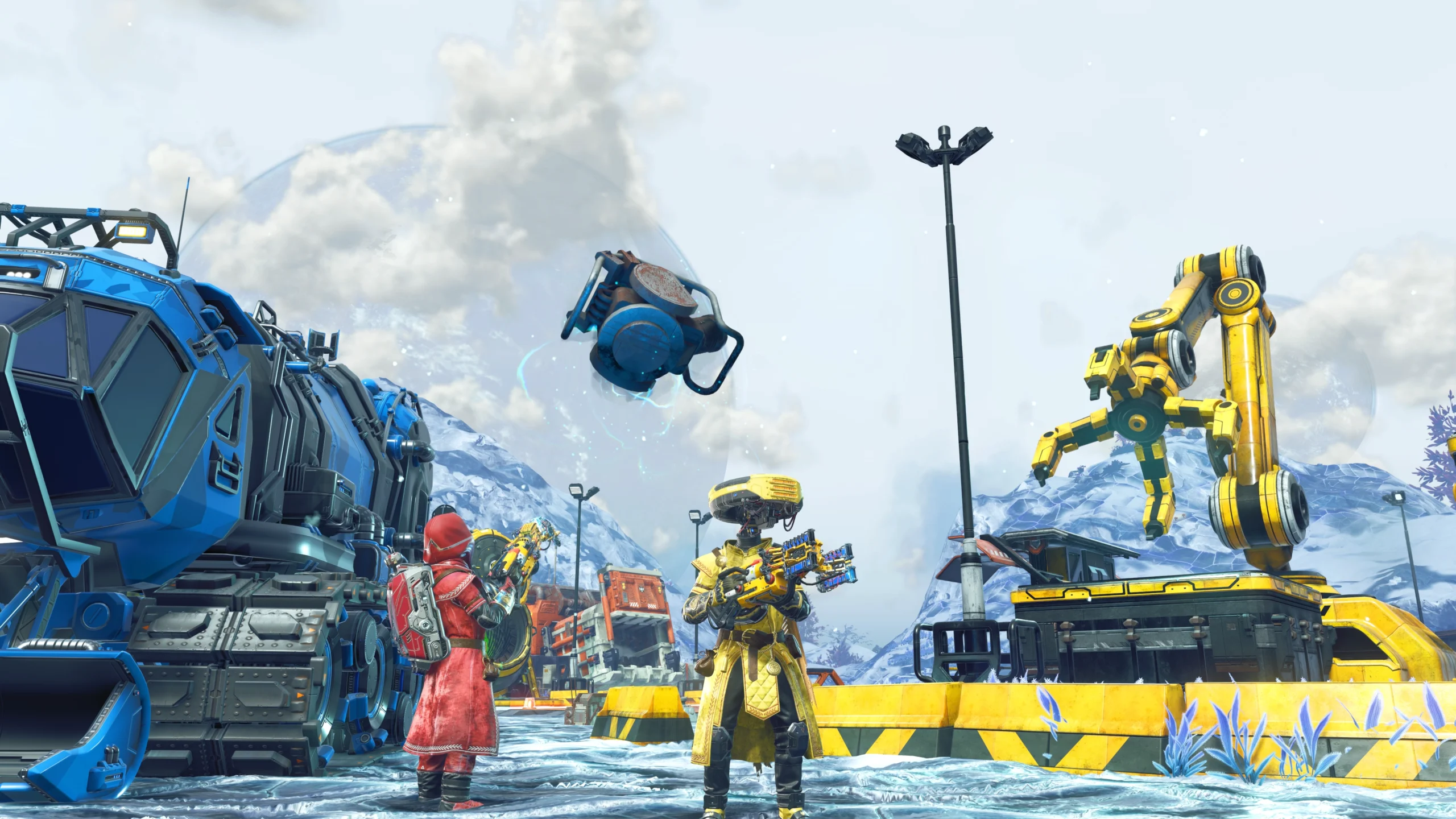 Two characters in futuristic gear using a gravity gun to manipulate objects in a snowy industrial setting