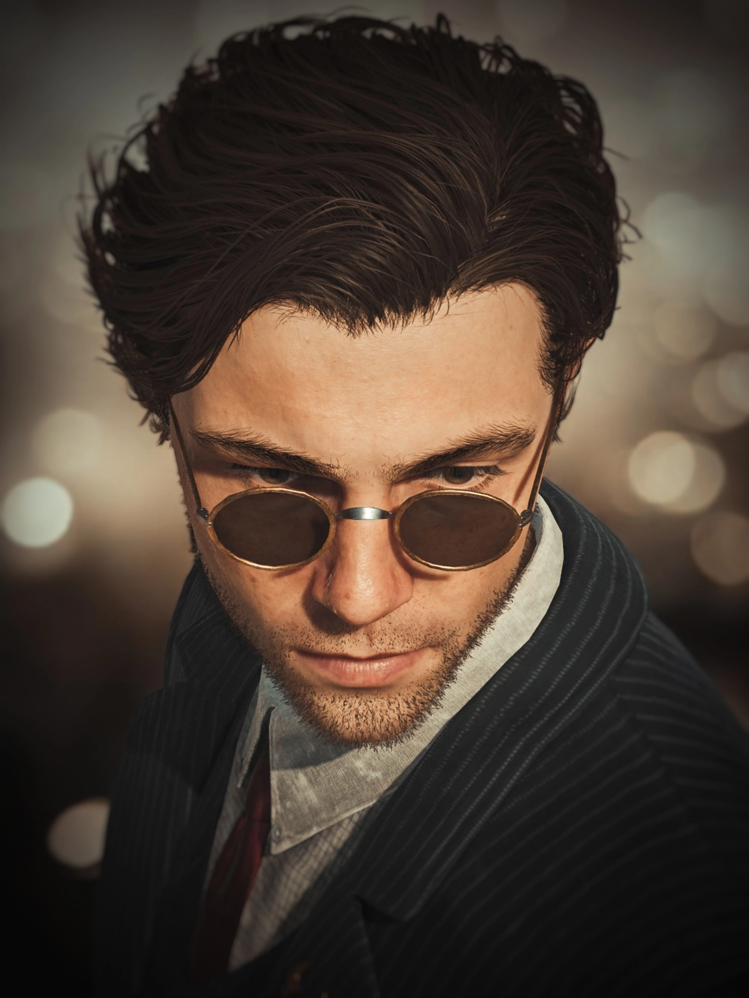 Man in a suit with sunglasses, looking down, set against a blurred bokeh background in Mafia: The Old Country