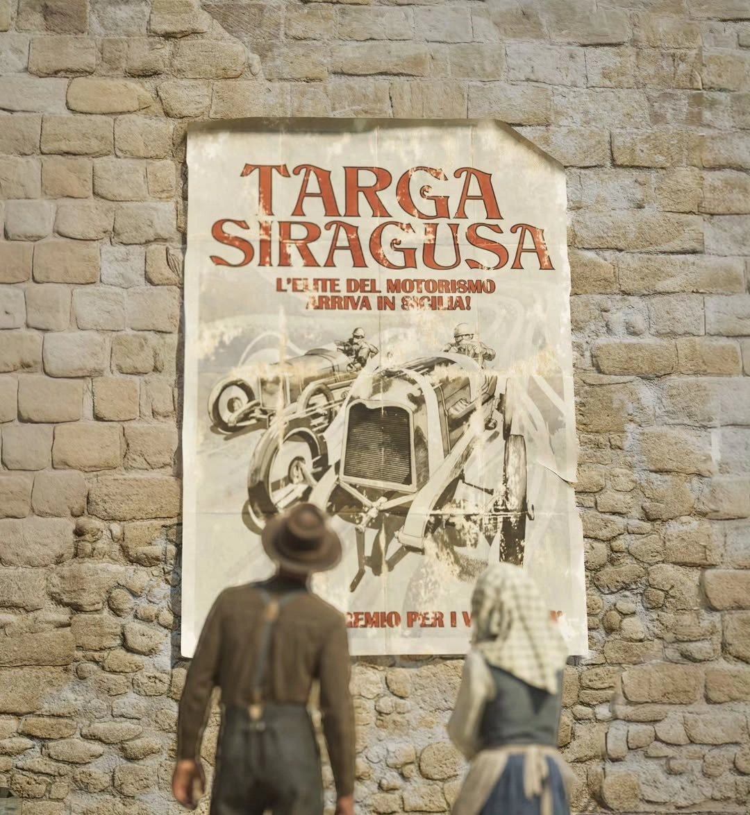 Vintage poster on a brick wall promoting Targa Siracusa, viewed by two people in period attire
