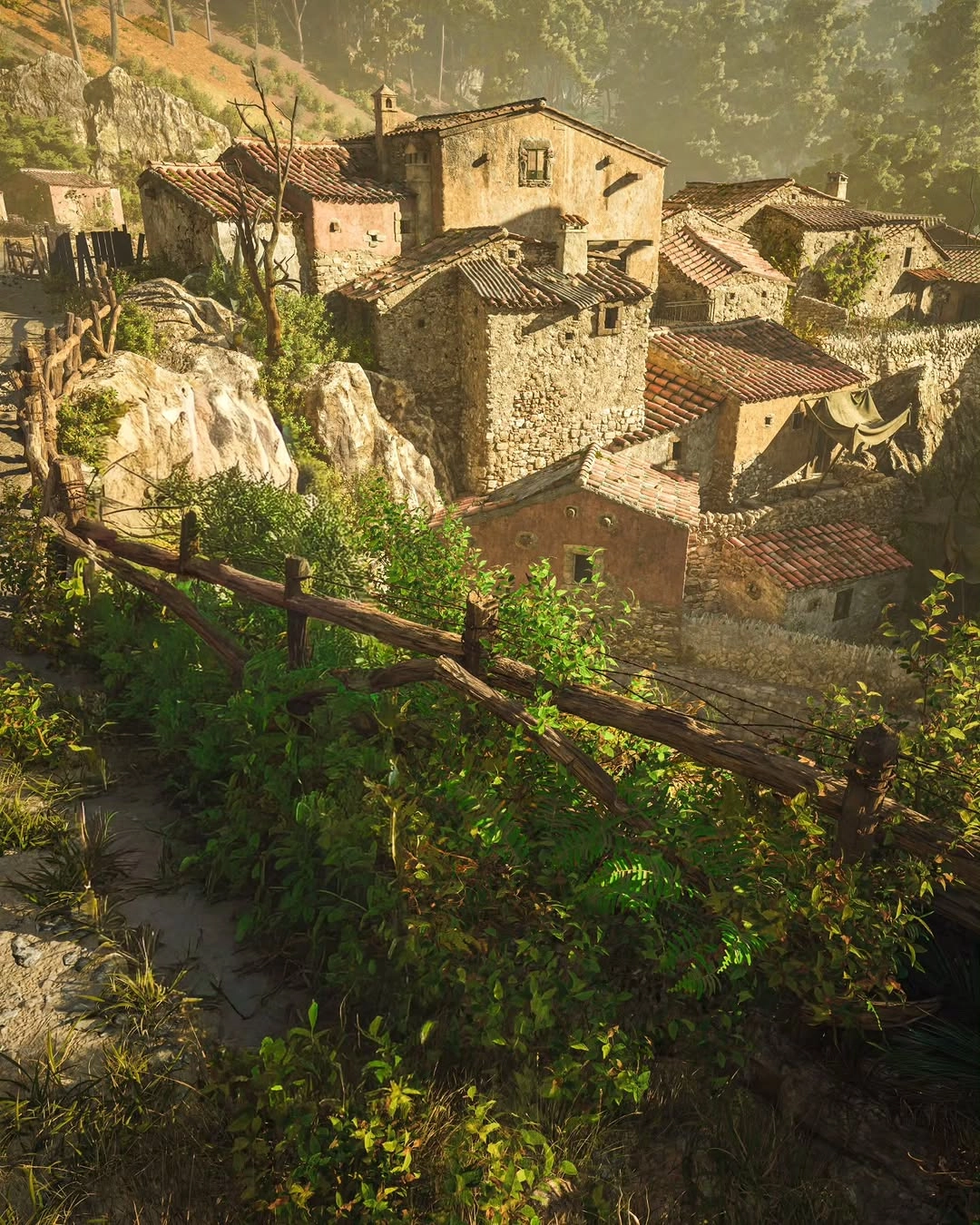 Rustic hillside village in Valle Dorata with stone houses and lush greenery under warm sunlight