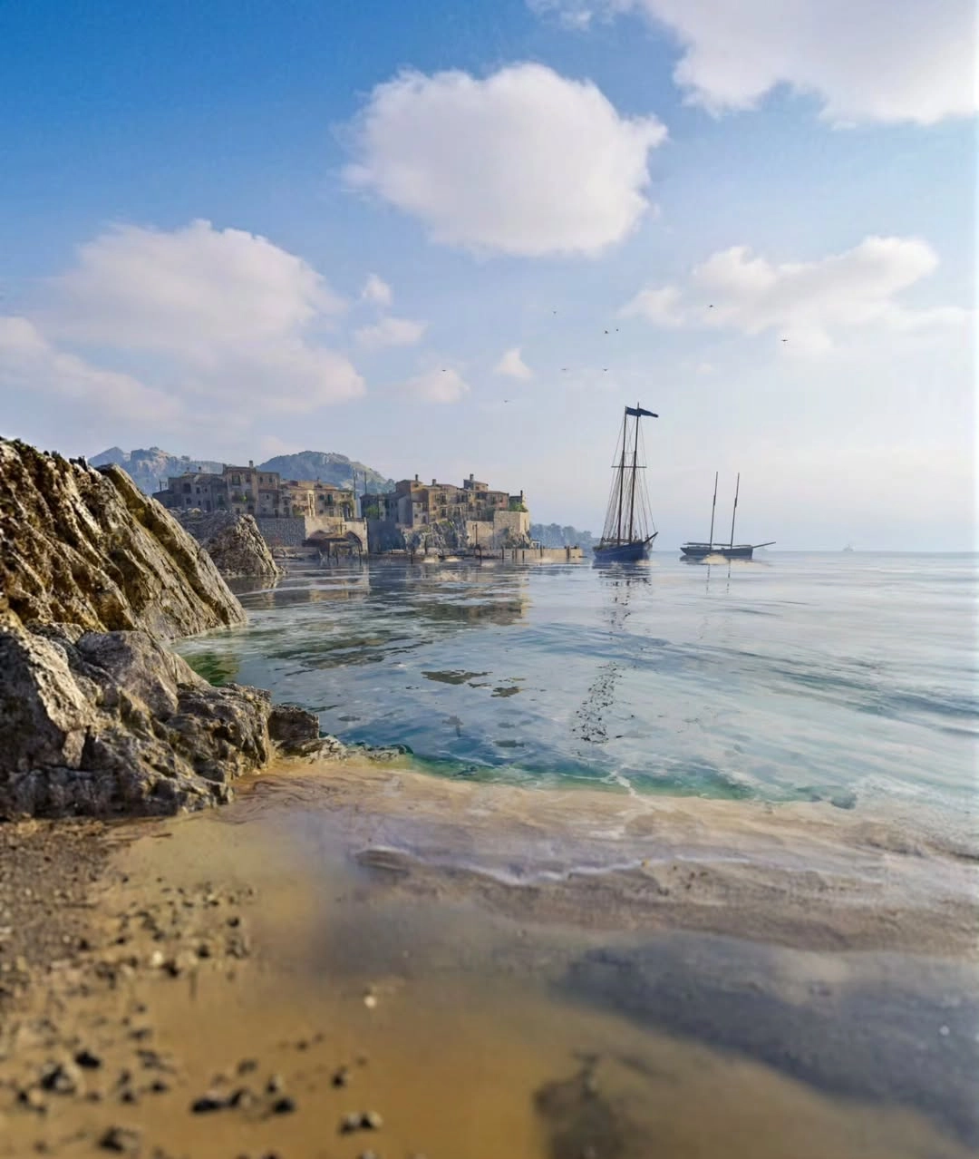 Coastal view of Valle Dorata with sailboats and rocky shoreline under a partly cloudy sky