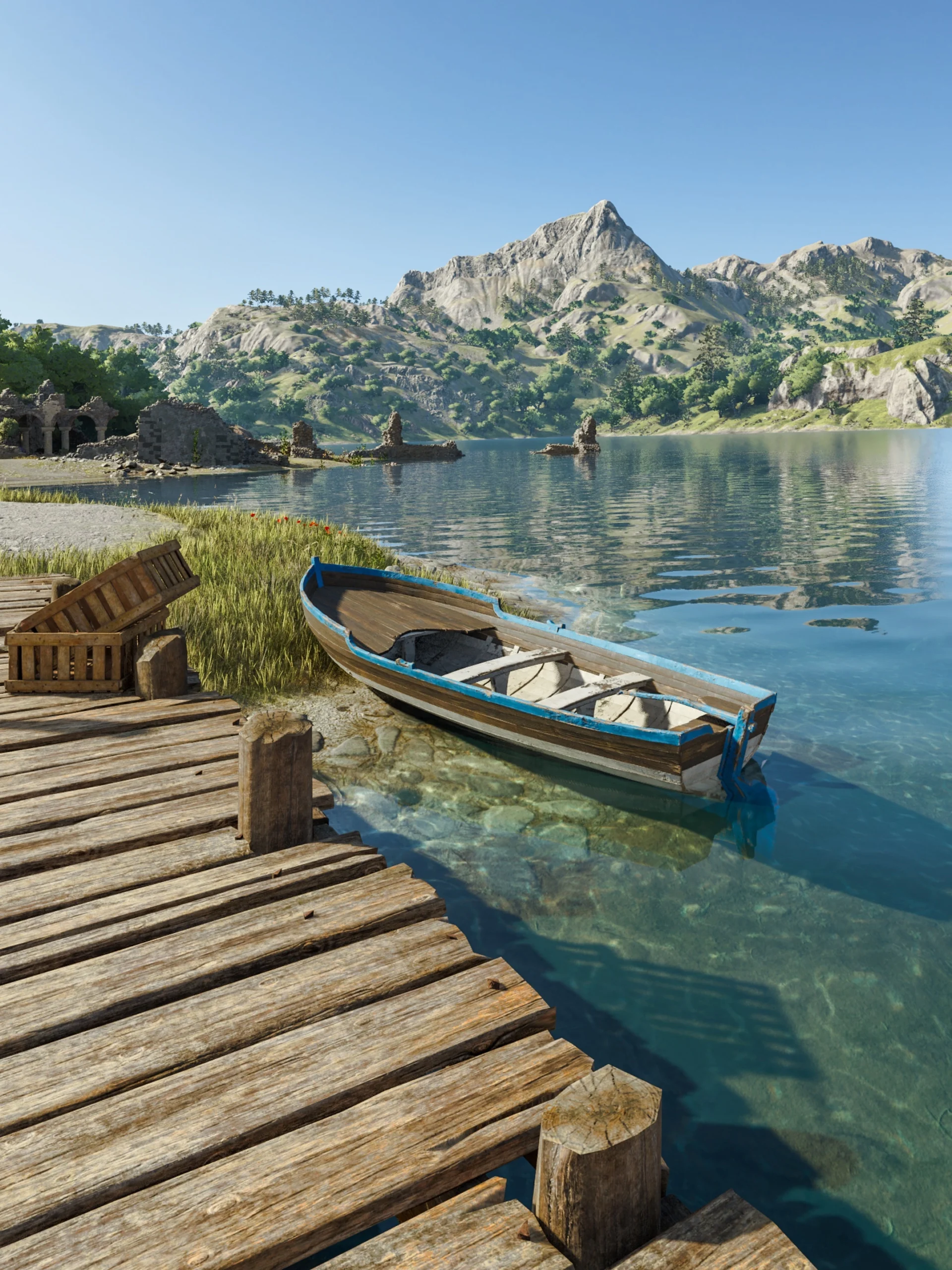 Wooden boat on clear lake near a rustic dock with mountains in the background, Valle Dorata scenery
