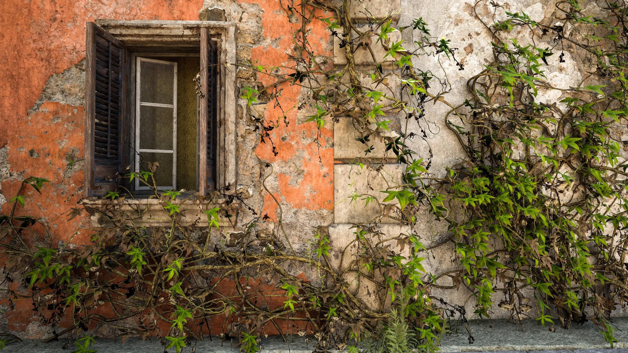 Weathered wall with climbing vines and an open wooden window, capturing Valle Dorata's rustic charm