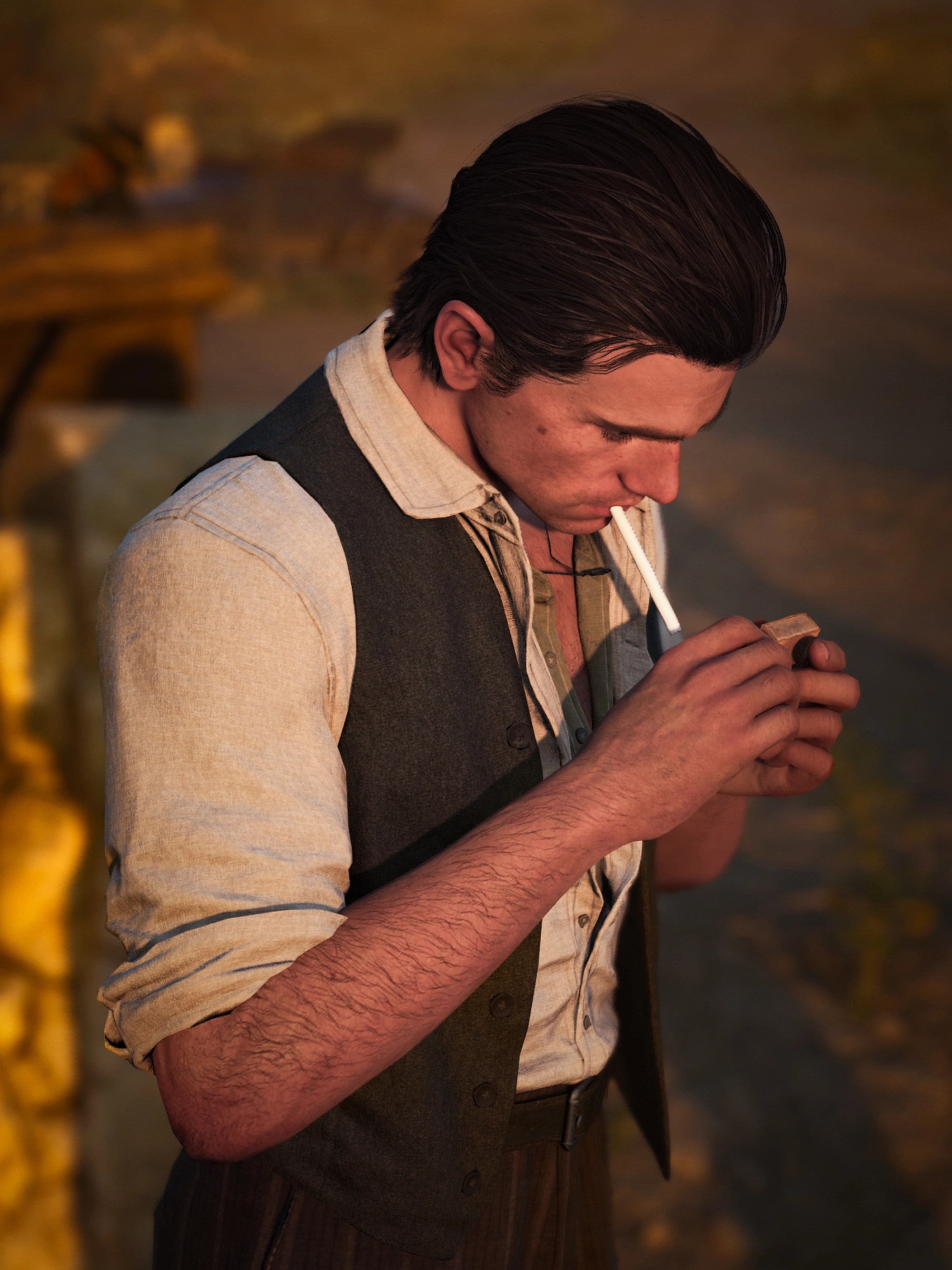Man in vintage attire lighting a cigarette, set against a warm, golden-hued backdrop in Valle Dorata