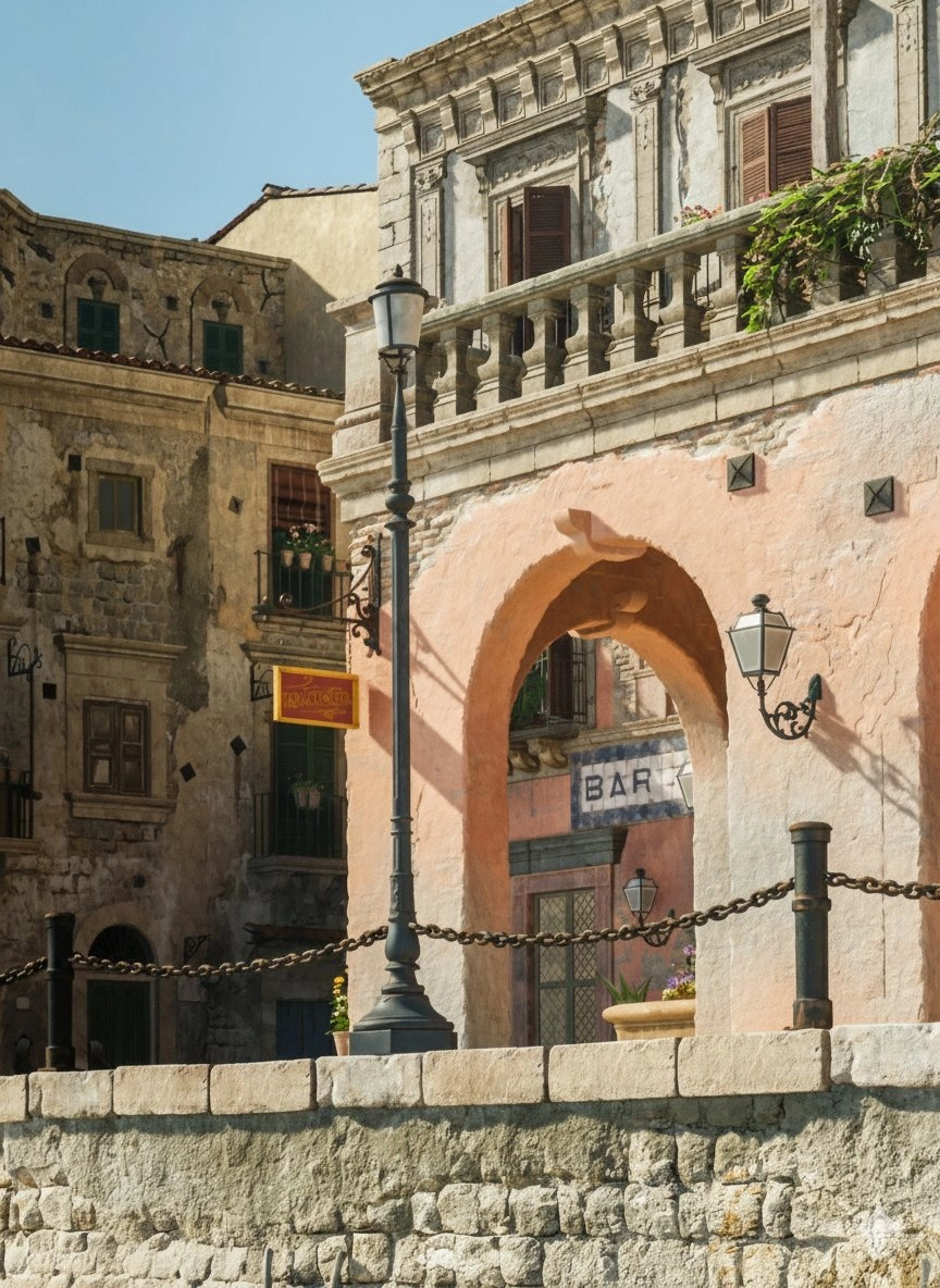 Historic stone buildings with arched windows and balconies in Valle Dorata, bathed in warm sunlight