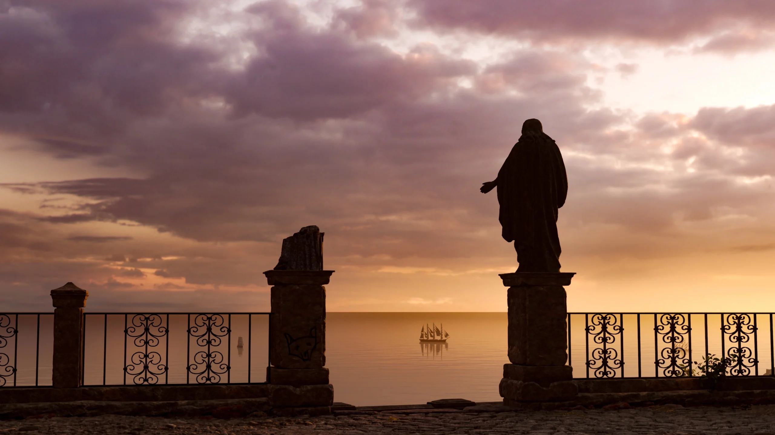 Statue overlooking a calm sea at sunset with a distant sailboat, under a dramatic, cloudy sky