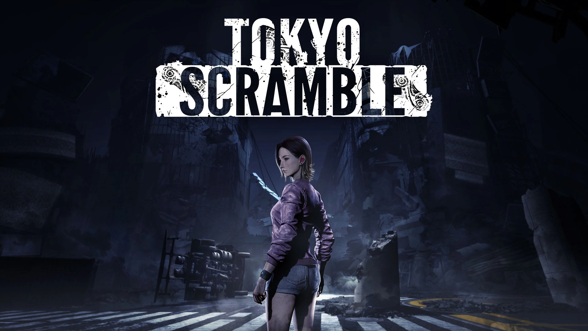 Anne stands in a dark, ruined cityscape, holding a weapon, ready to face prehistoric threats in Tokyo Scramble