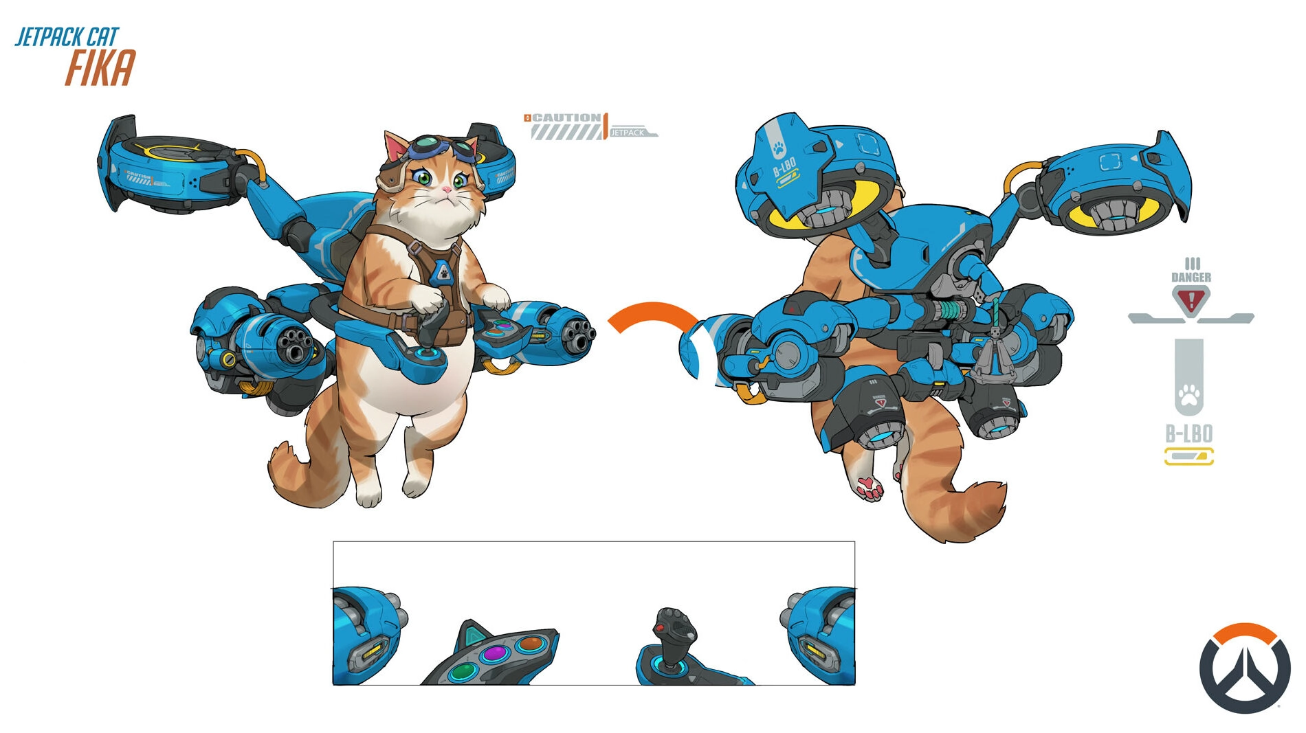A cat with a blue jetpack and armor, showcasing Overwatch's new character design for The Reign of Talon story arc