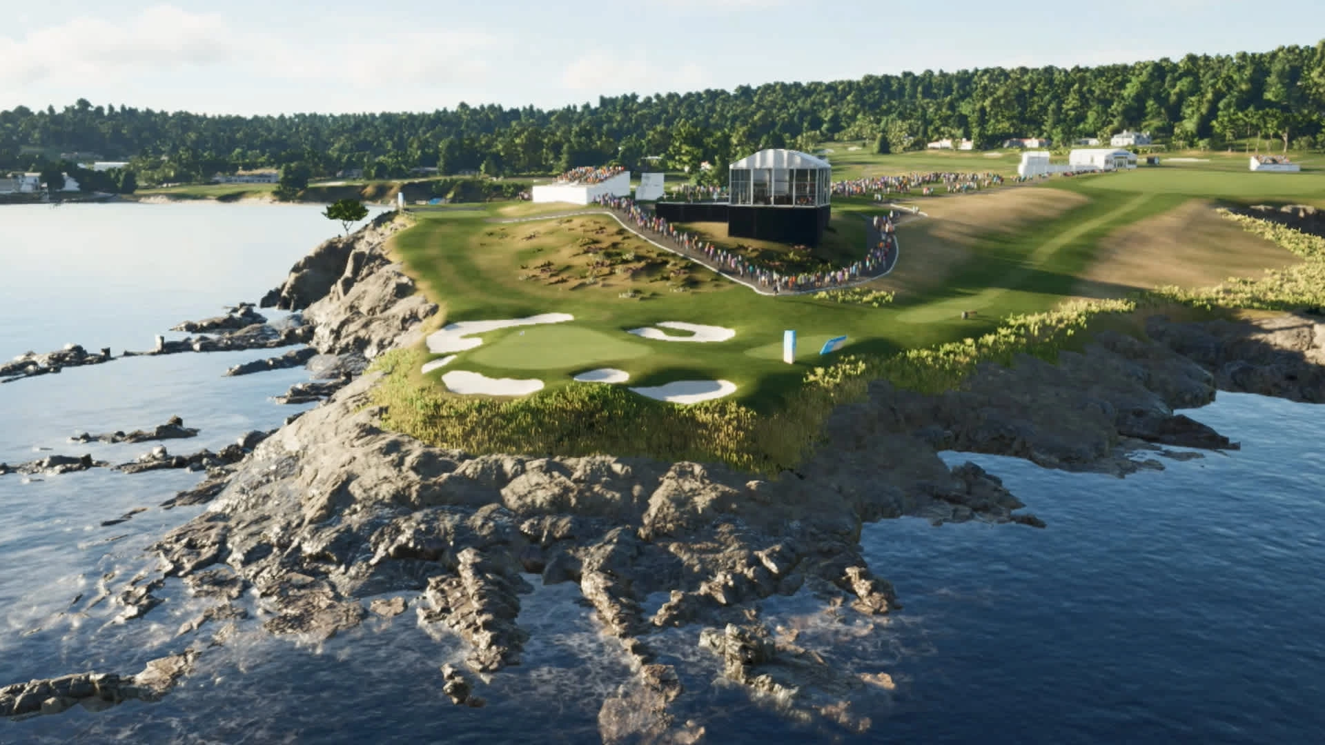 Scenic golf course on a rocky coastline, featuring a lush green fairway and a distant crowd watching the game