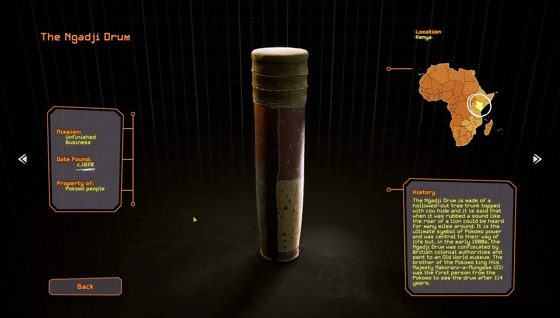 A digital display of a cylindrical artifact with historical details and a map highlighting Kenya