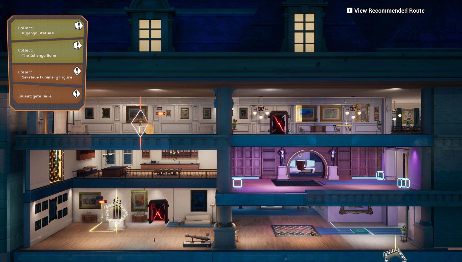 A multi-level building interior from a heist game, showing various rooms and puzzle elements to solve