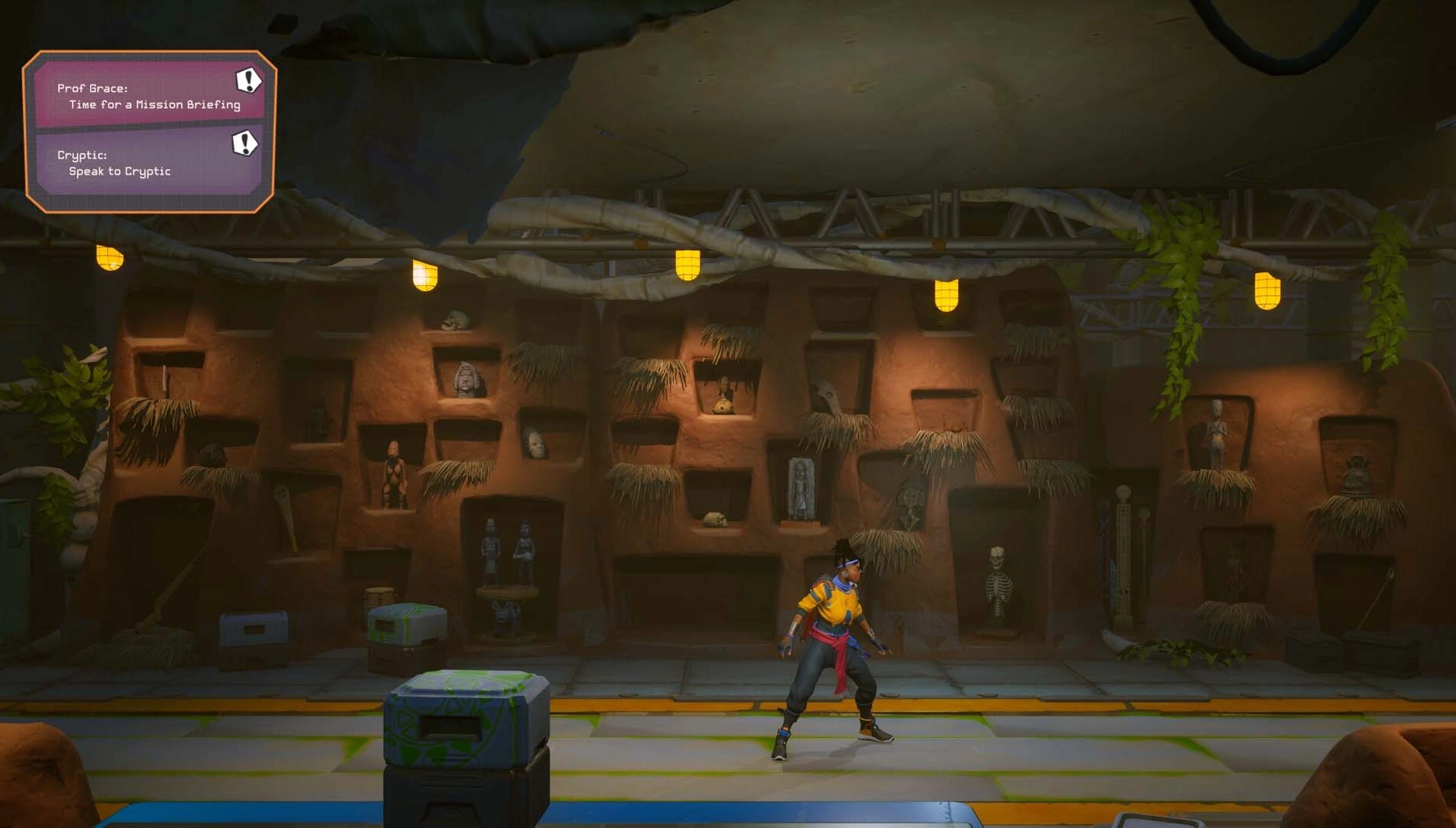A character stands in a dimly lit room with shelves of artifacts, ready for a stealthy heist mission