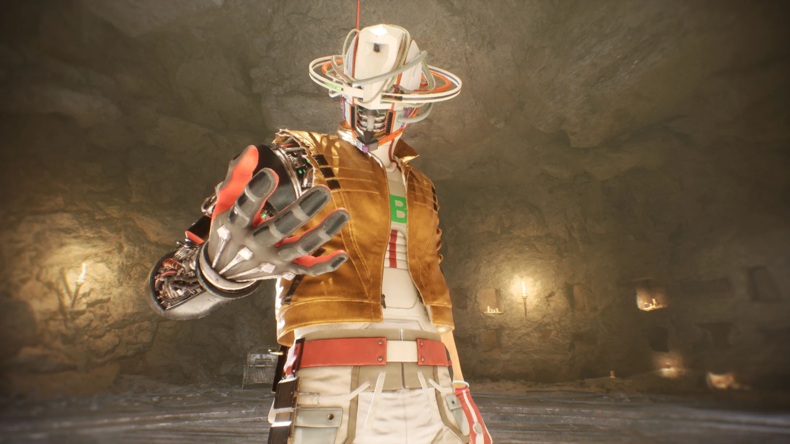A futuristic character with a robotic arm and helmet stands in a cave, reaching forward dramatically