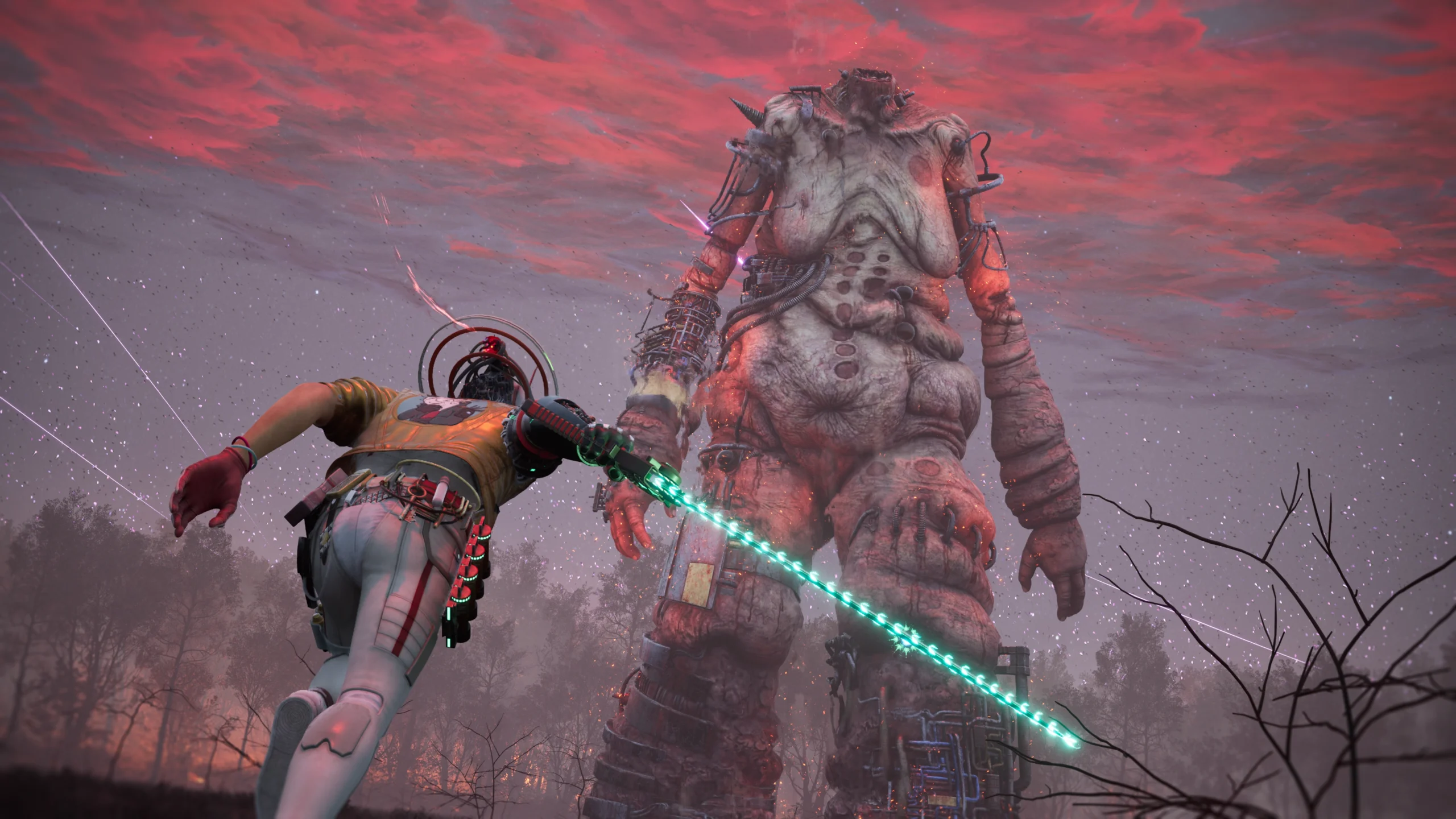 A space-time agent with a glowing sword confronts a towering alien creature under a red sky