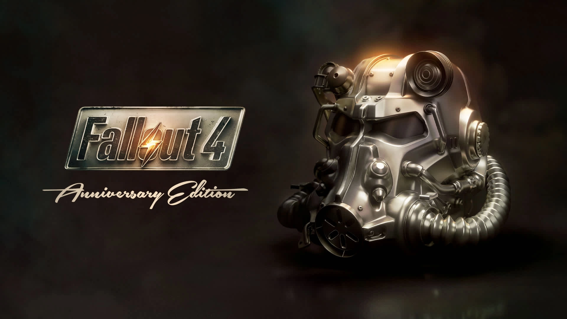 Fallout 4 Anniversary Edition logo and iconic power armor helmet with glowing light on a dark background