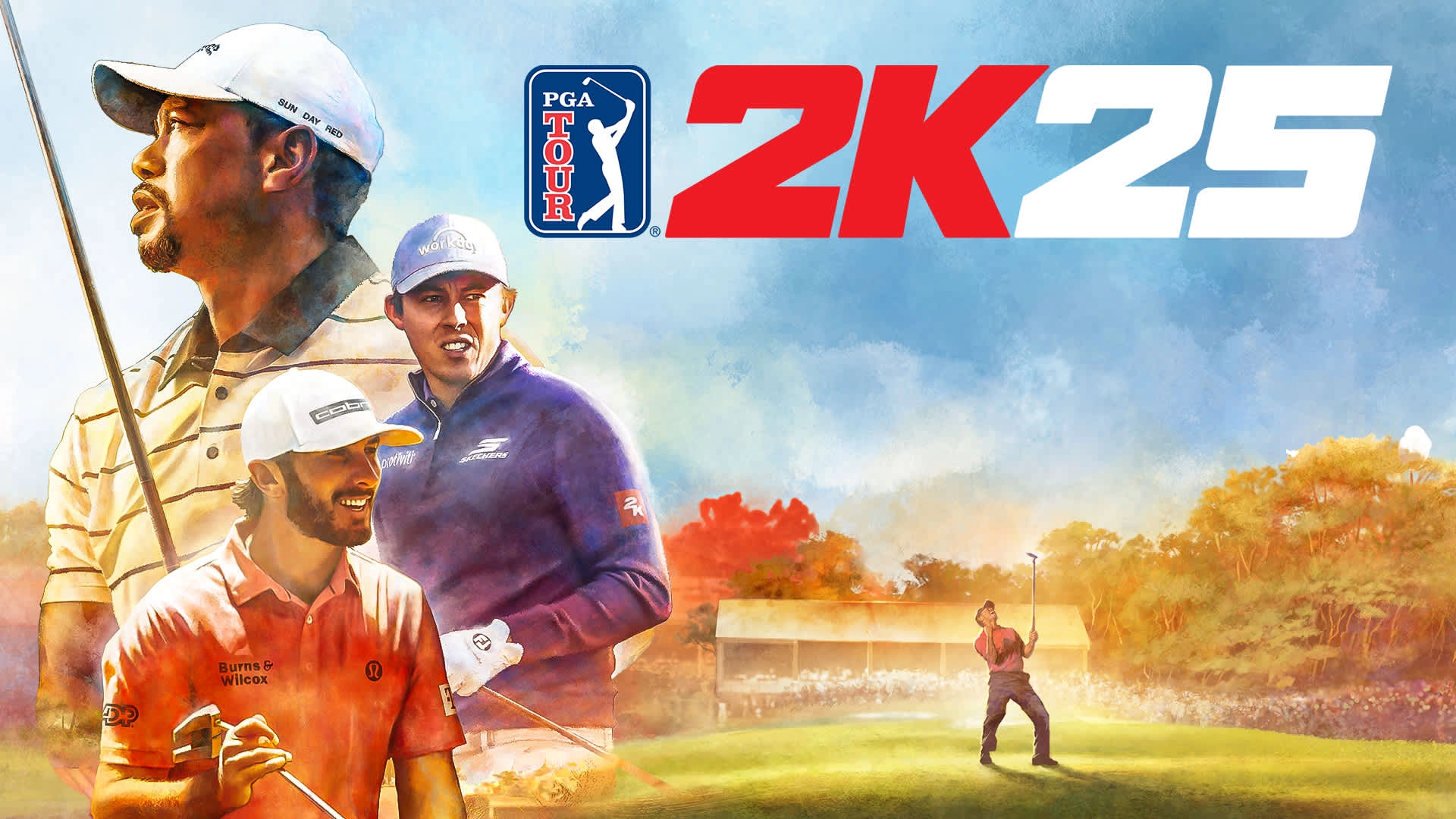 Golfers in action on a vibrant course, promoting PGA TOUR 2K25 for Nintendo Switch 2 release