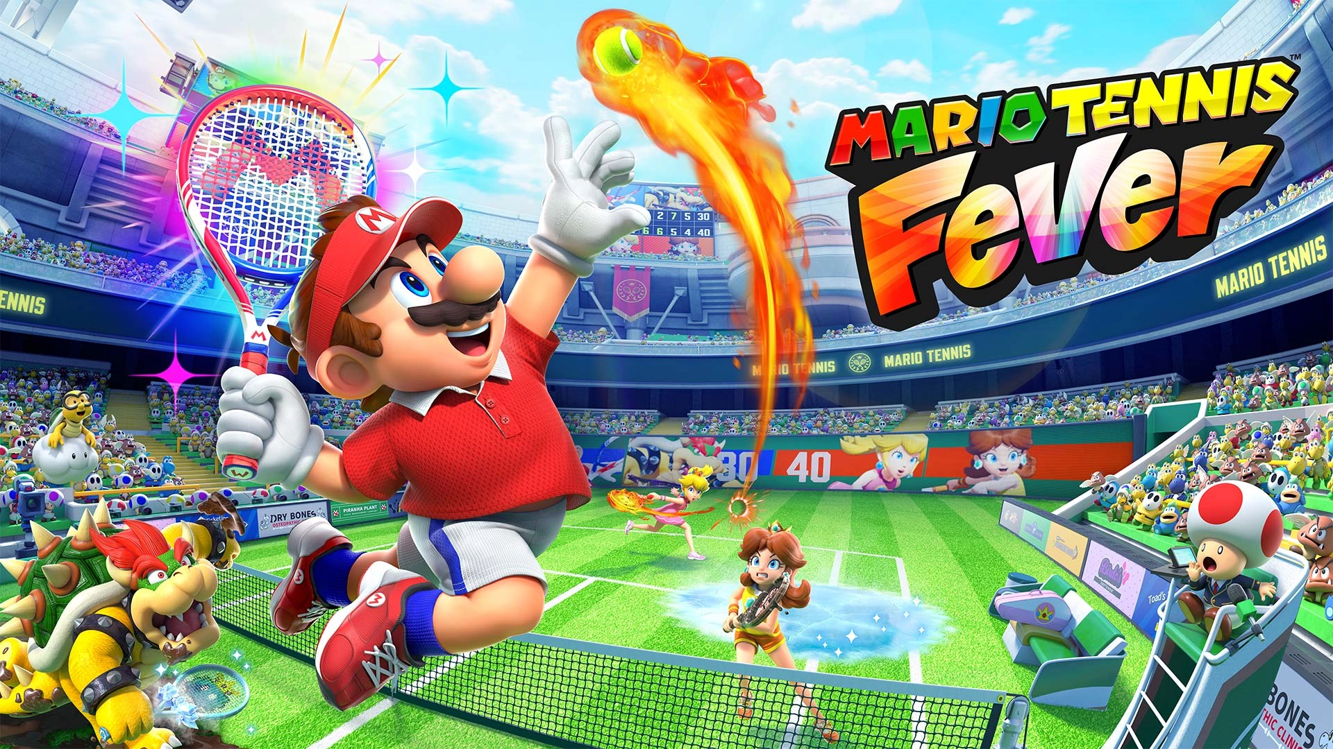 Mario in red outfit playing tennis, hitting a flaming tennis ball, with colorful stadium background