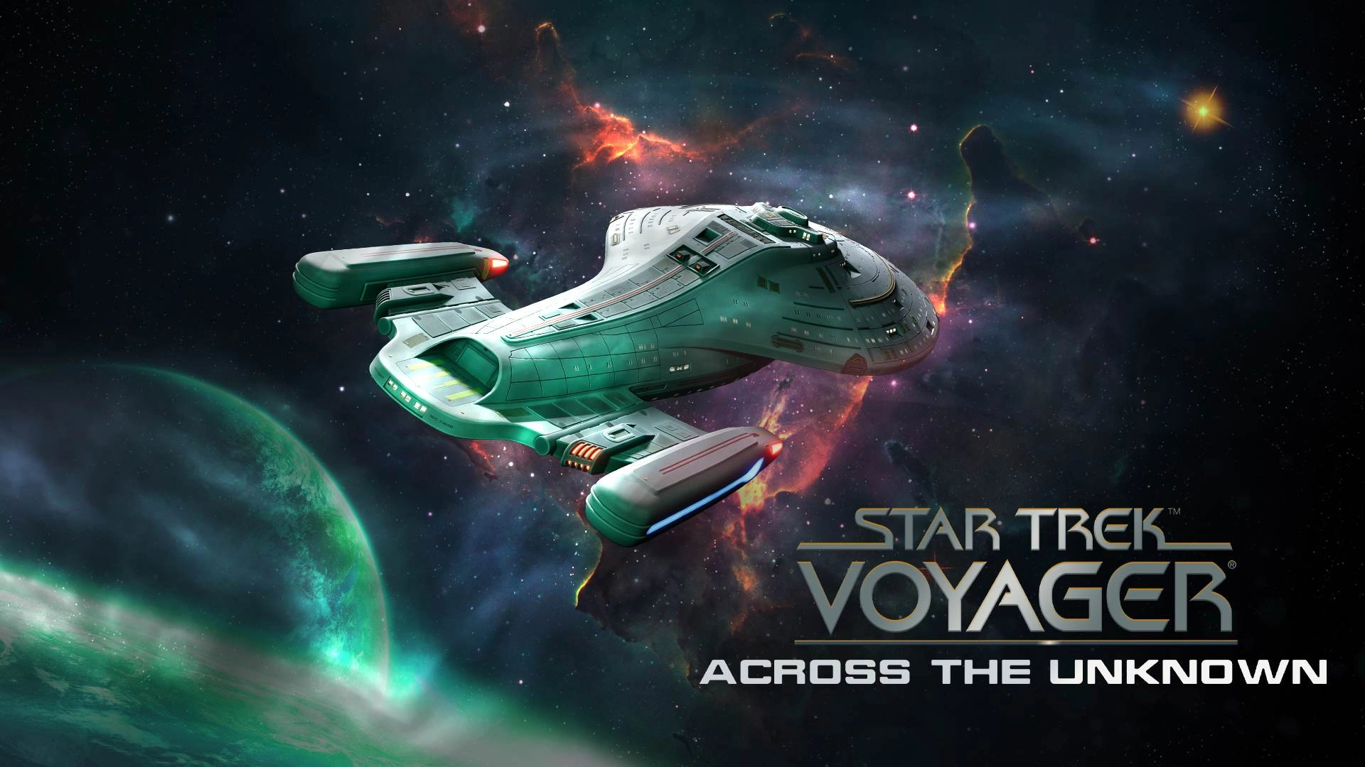 A sleek starship travels through a colorful nebula in space, with the title "Star Trek Voyager: Across the Unknown