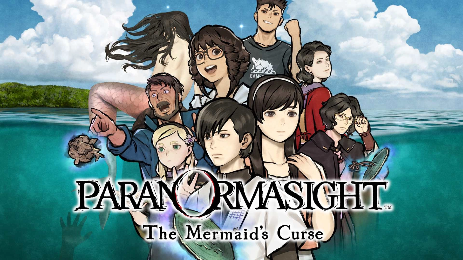 Group of characters standing together with a mystical background, promoting Paranormasight: The Mermaid's Curse