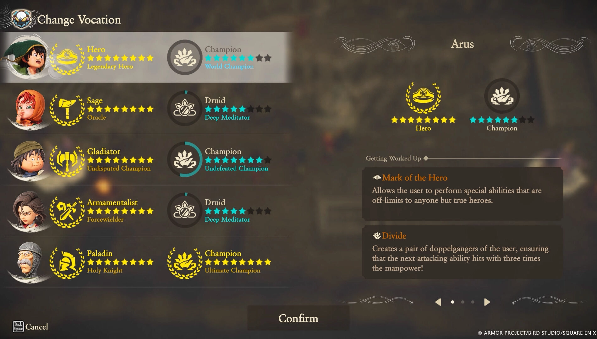 Character vocation selection screen in Dragon Quest VII Reimagined, showcasing various job classes and skills