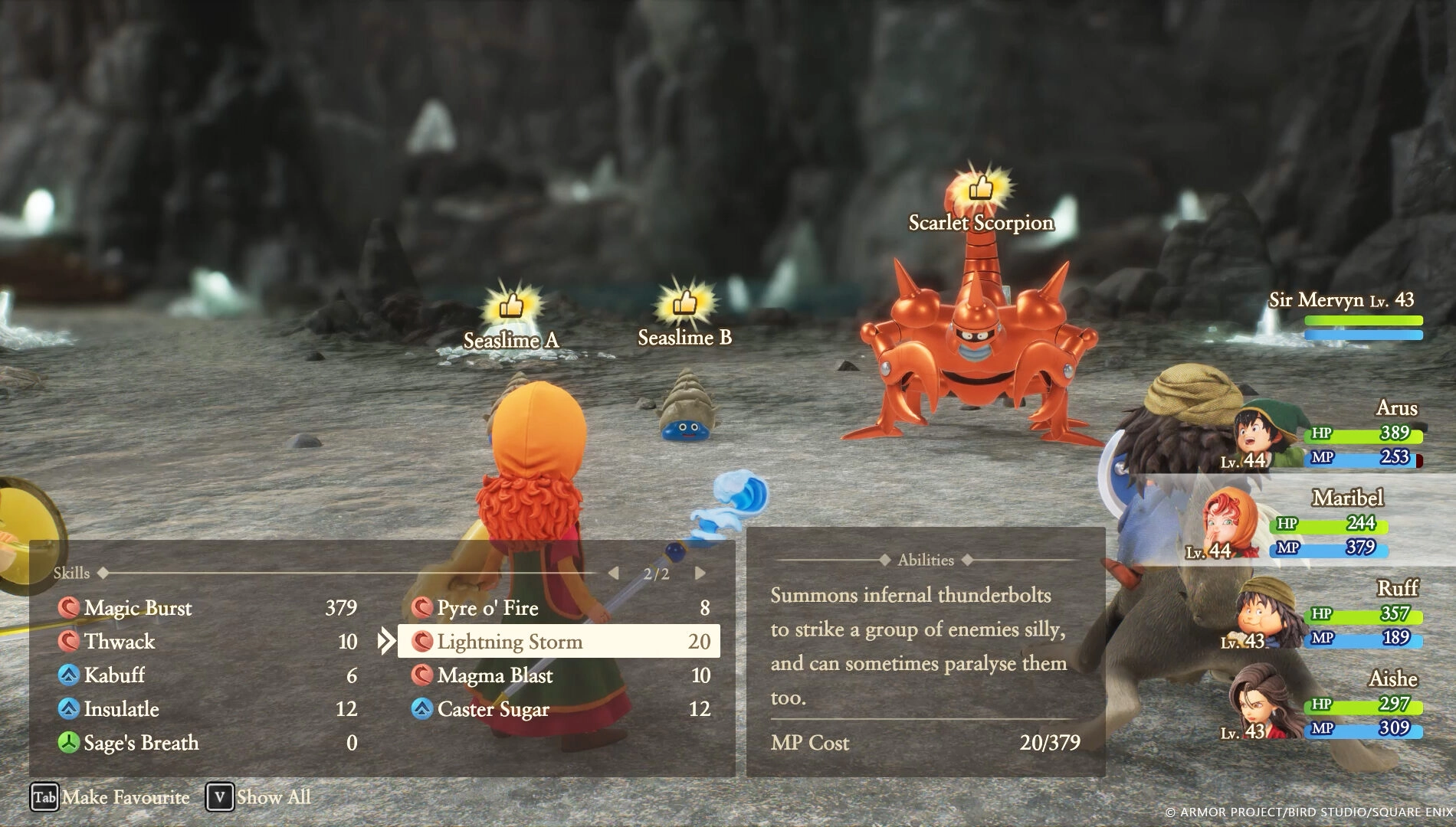 Characters in a turn-based battle against monsters in Dragon Quest VII Reimagined, displaying skills menu
