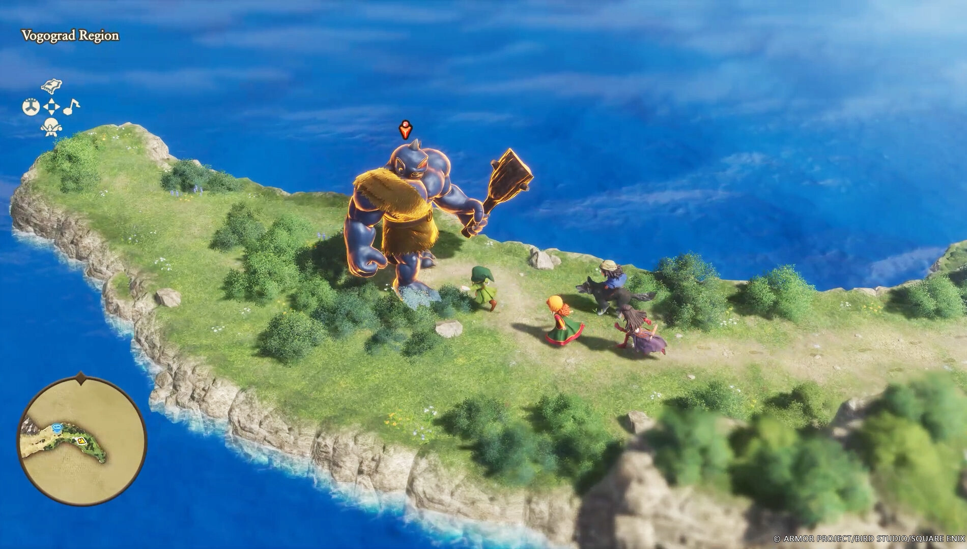 Characters battle a giant armored enemy on a grassy island in Dragon Quest VII Reimagined gameplay scene