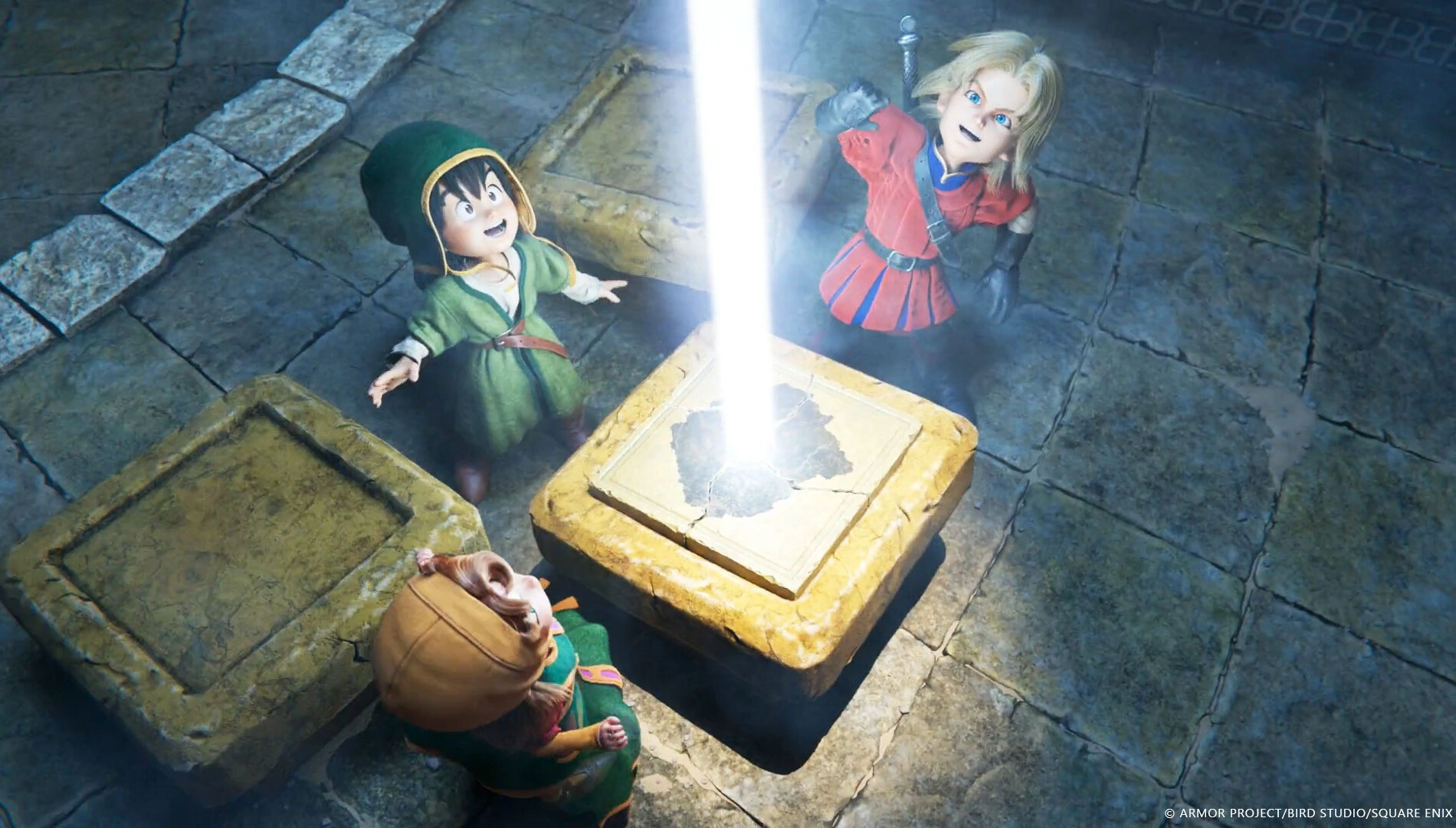 Characters in medieval attire gaze at a glowing beam of light emerging from a stone pedestal